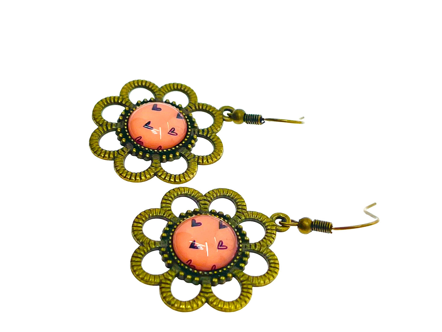 Pink& Bronze Daisy Dangles|Bronze Flower with Pink Cabochon Center Earrings|Gifts for her Mom Sister Grandma Wife Aunt| BohoLoveObsession