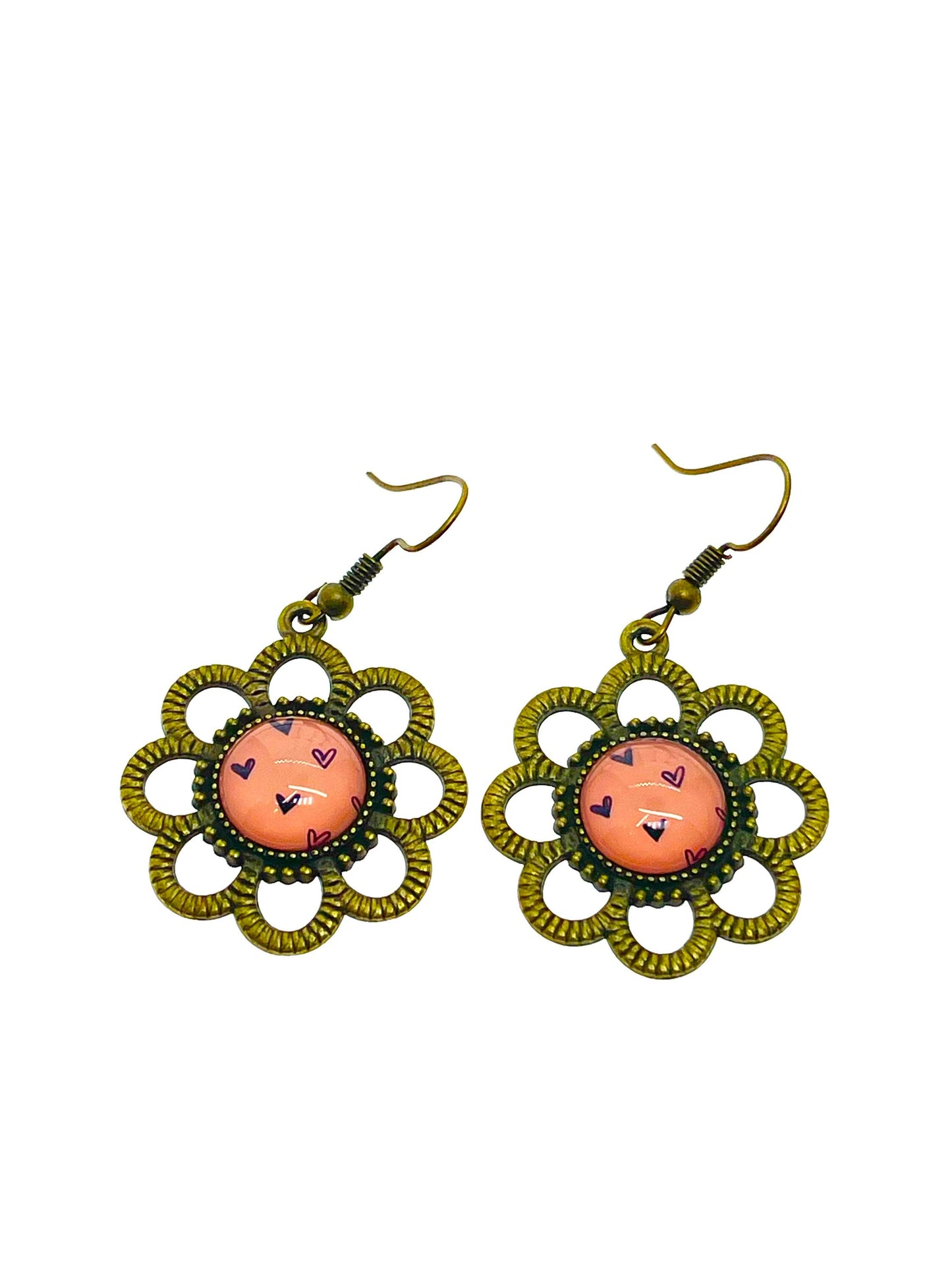 Pink& Bronze Daisy Dangles|Bronze Flower with Pink Cabochon Center Earrings|Gifts for her Mom Sister Grandma Wife Aunt| BohoLoveObsession