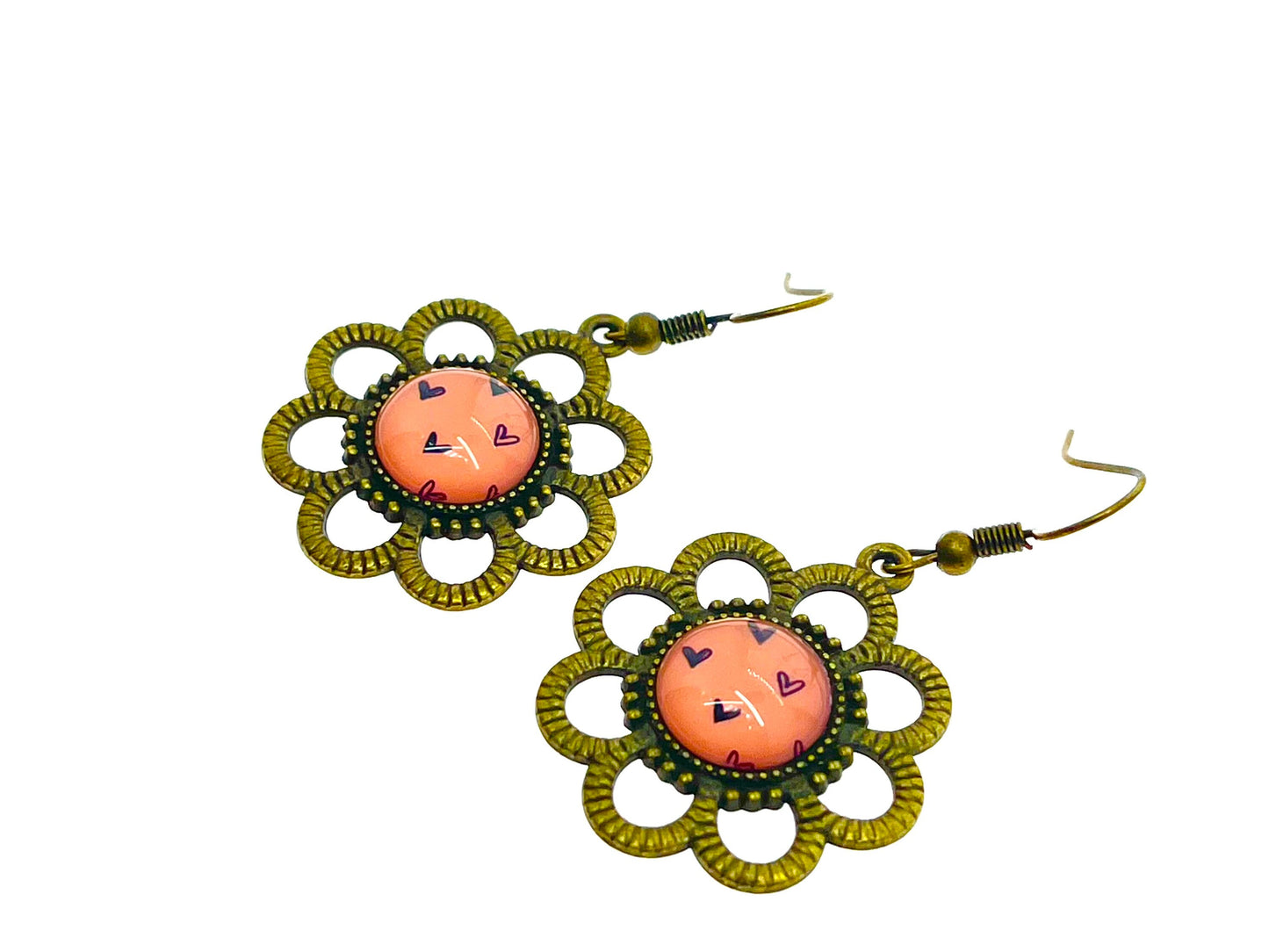 Pink& Bronze Daisy Dangles|Bronze Flower with Pink Cabochon Center Earrings|Gifts for her Mom Sister Grandma Wife Aunt| BohoLoveObsession