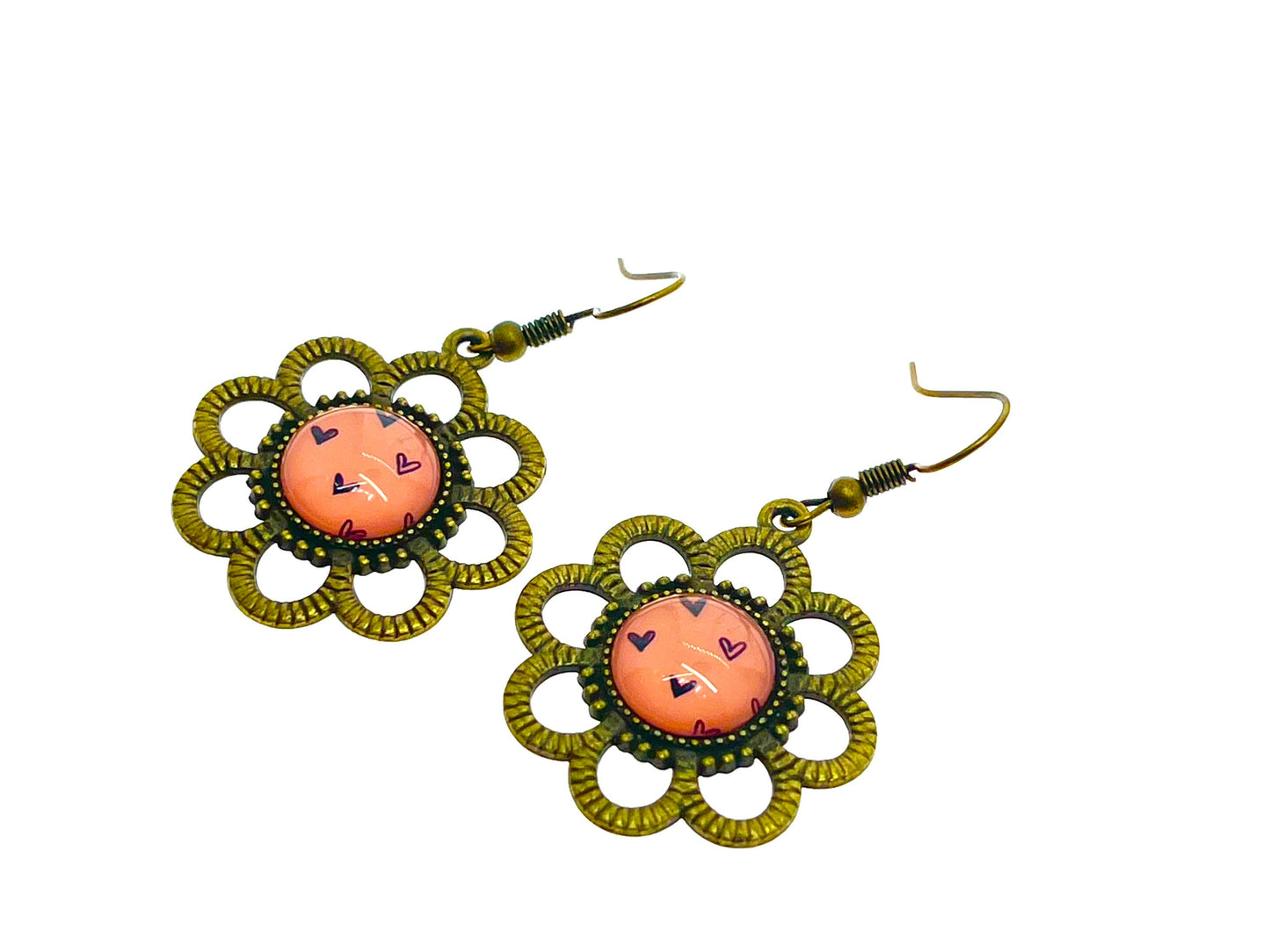 Pink& Bronze Daisy Dangles|Bronze Flower with Pink Cabochon Center Earrings|Gifts for her Mom Sister Grandma Wife Aunt| BohoLoveObsession
