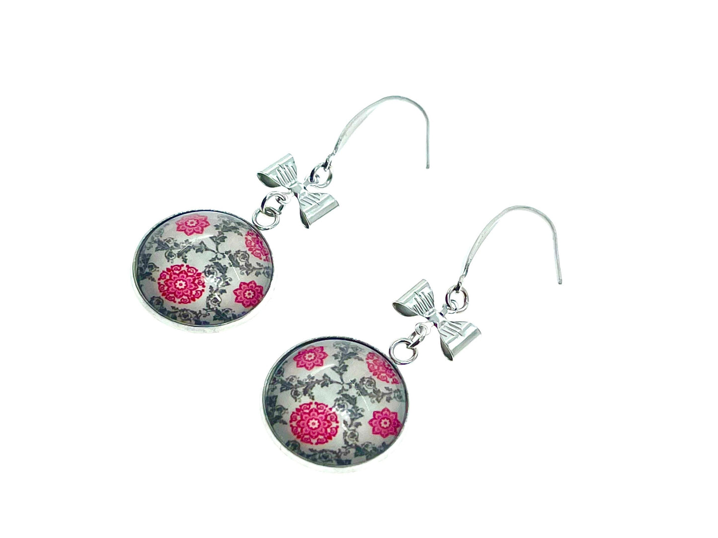 Bows & Lace Dangles|Pink Lacey Floral Cabochon Earrings|Gifts for her Mom Sister Aunt Daughter Girlfriend Grandma Wife| BohoLoveObsession