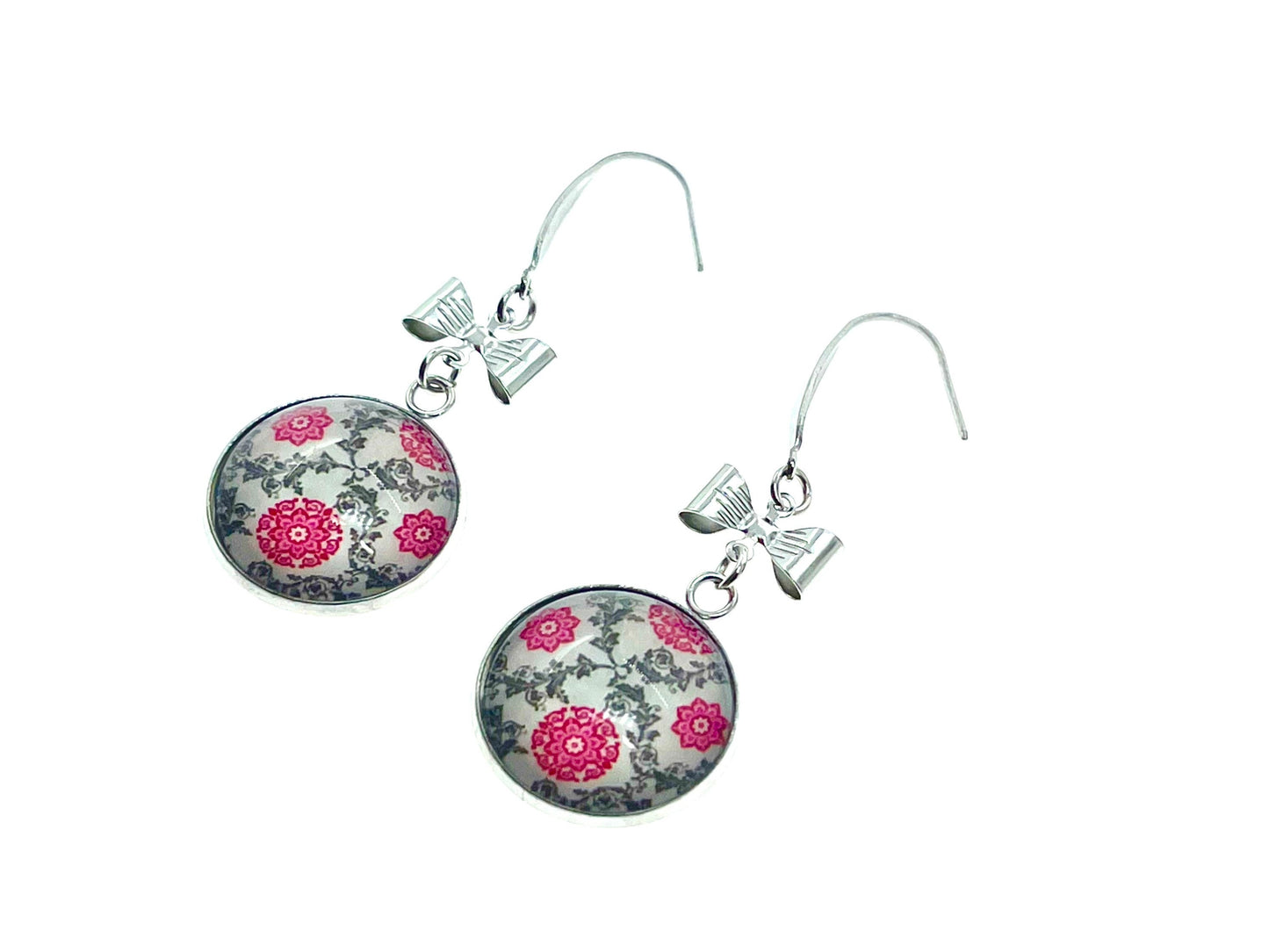 Bows & Lace Dangles|Pink Lacey Floral Cabochon Earrings|Gifts for her Mom Sister Aunt Daughter Girlfriend Grandma Wife| BohoLoveObsession