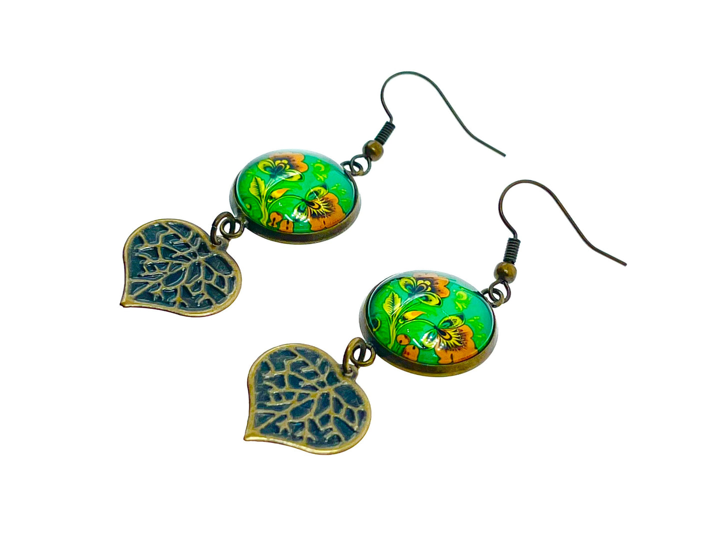 Loving Leaf Dangles|Green Flower & Heart-Shaped Leaf Cabochon Earrings|Gifts for her Mom Sister Girlfriend Wife Aunt| BohoLoveObsession