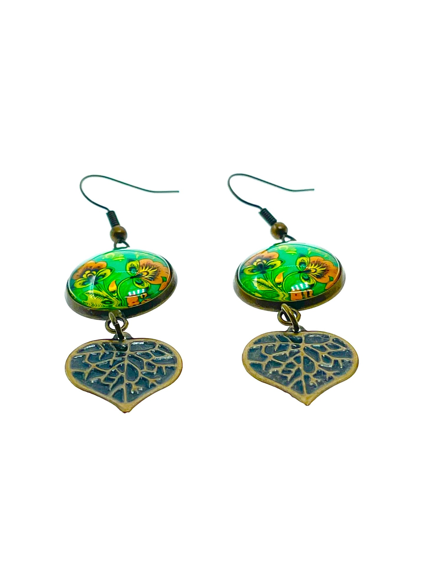 Loving Leaf Dangles|Green Flower & Heart-Shaped Leaf Cabochon Earrings|Gifts for her Mom Sister Girlfriend Wife Aunt| BohoLoveObsession