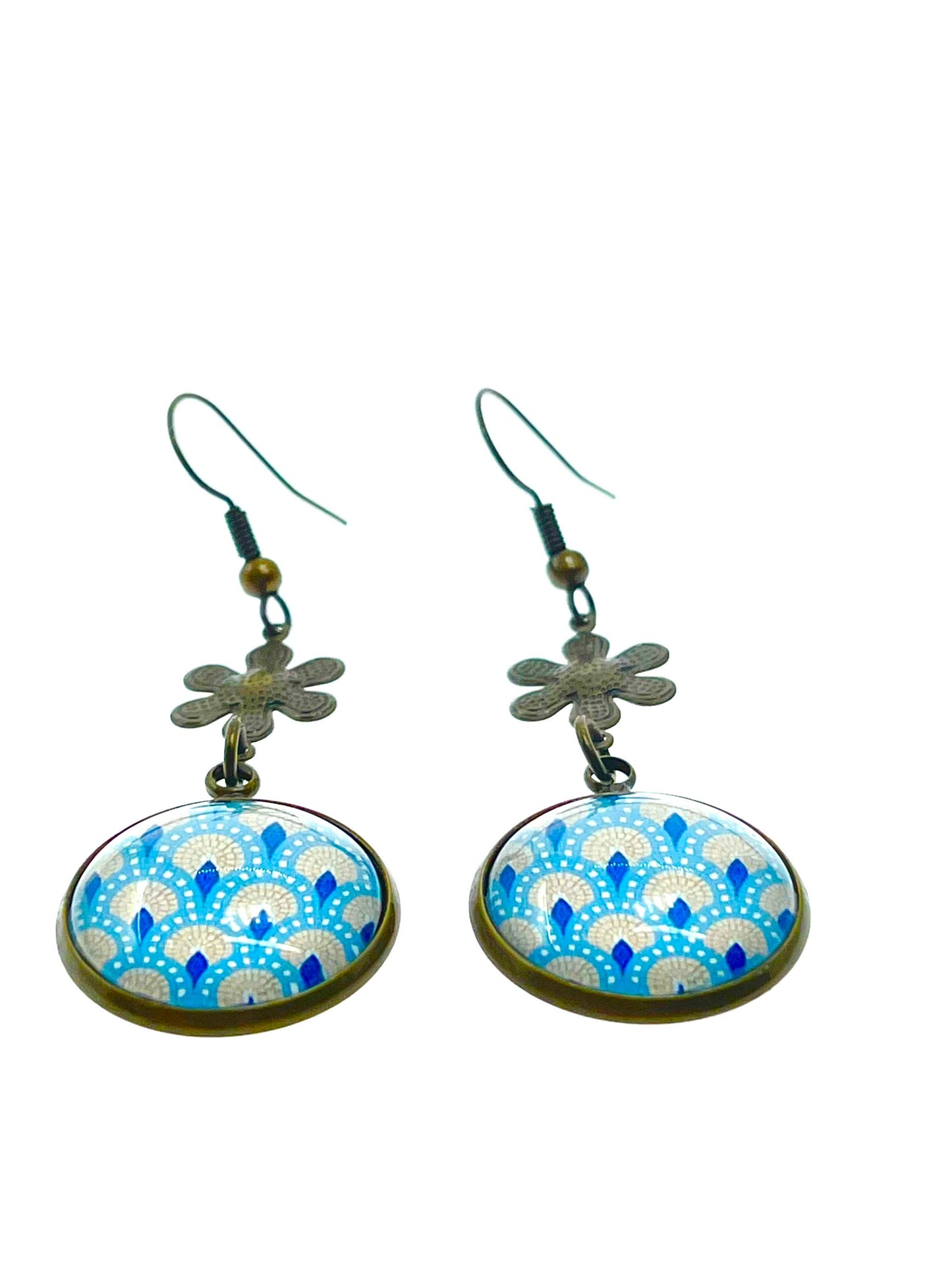 Little Blue Flower Dangles|Tiny Flower & Blue Cabochon Earrings|Gifts for her Mom Sister Grandma Cousin Wife Aunt| BohoLoveObsession