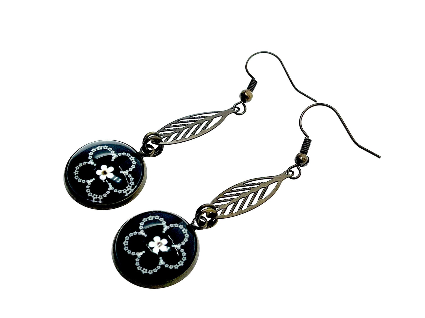Dark Daisy Leaf Dangles|Black& White Flower Dangle Drop Cabochon Earrings|Gifts for her Mom Sister Wife Aunt Girlfriend| BohoLoveObsession