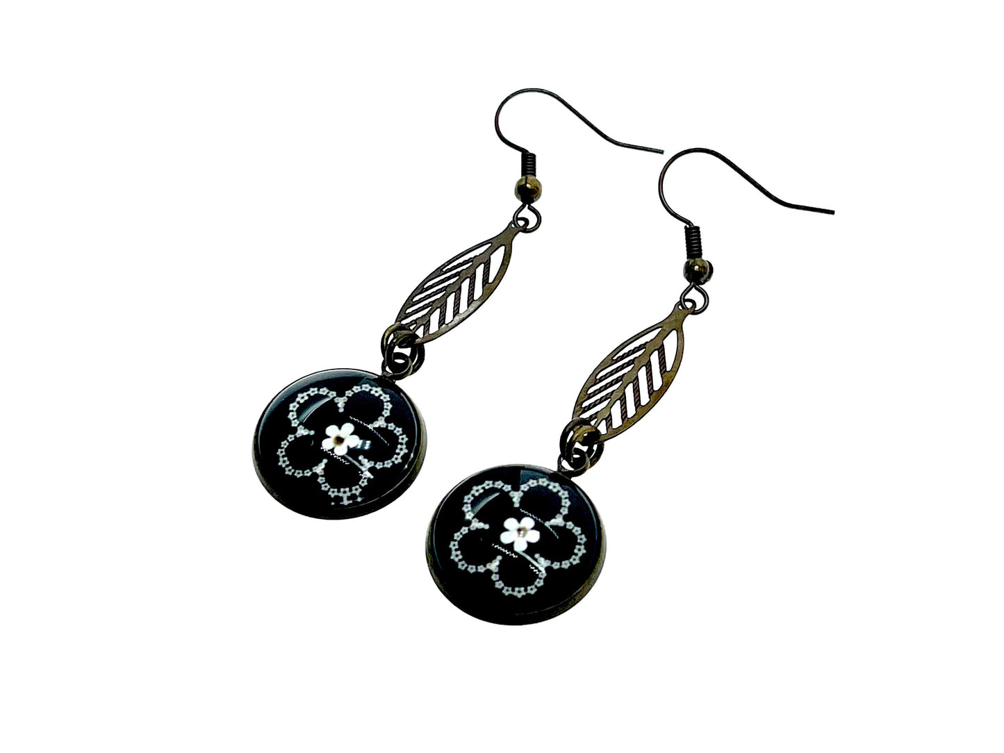Dark Daisy Leaf Dangles|Black& White Flower Dangle Drop Cabochon Earrings|Gifts for her Mom Sister Wife Aunt Girlfriend| BohoLoveObsession