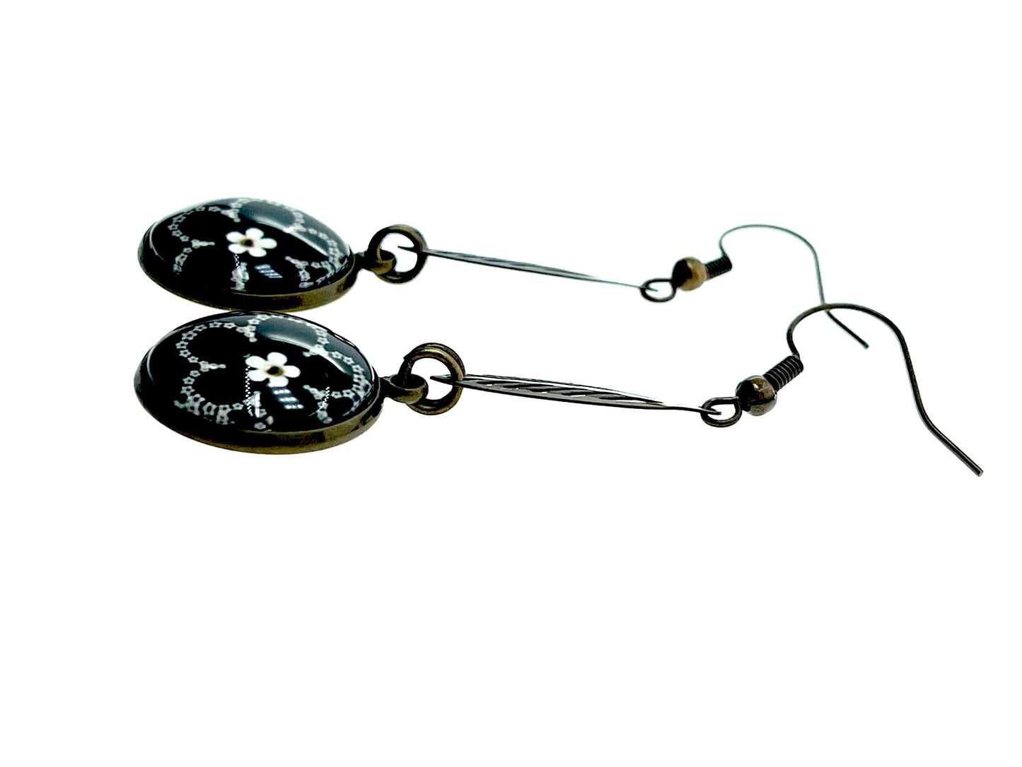 Dark Daisy Leaf Dangles|Black& White Flower Dangle Drop Cabochon Earrings|Gifts for her Mom Sister Wife Aunt Girlfriend| BohoLoveObsession