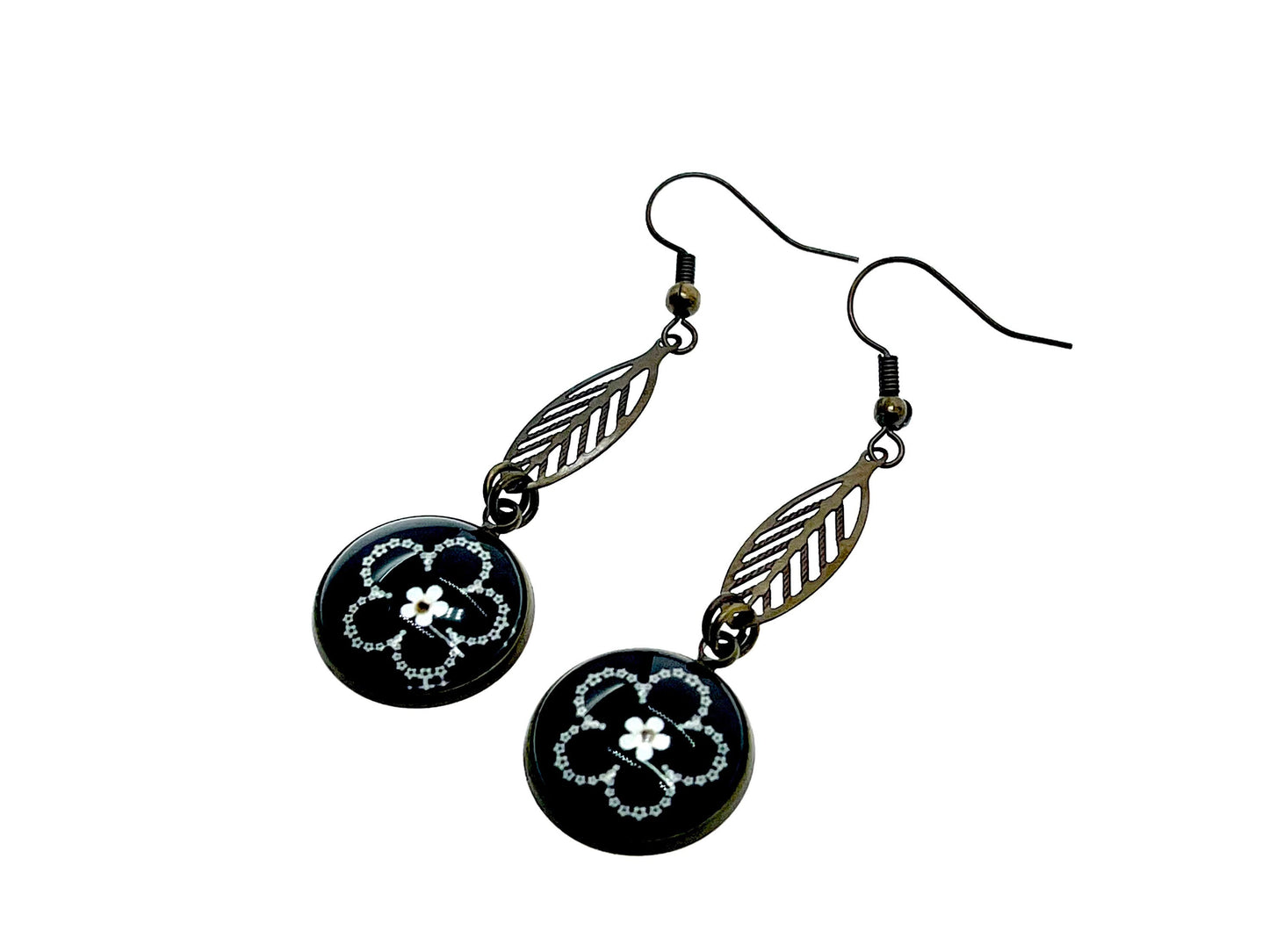 Dark Daisy Leaf Dangles|Black& White Flower Dangle Drop Cabochon Earrings|Gifts for her Mom Sister Wife Aunt Girlfriend| BohoLoveObsession
