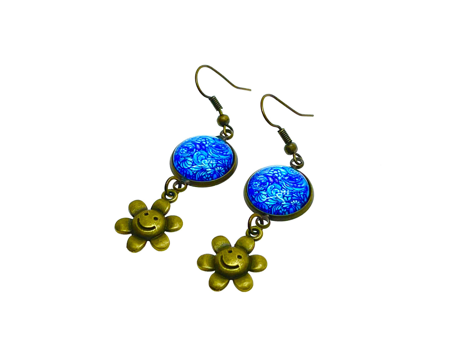 Happy Face Dangles, Boho Chic Earrings, Cute Bohemian Earrings, Unique Hippie Jewelry, Retro Flower Accessory, BohoLoveObsession