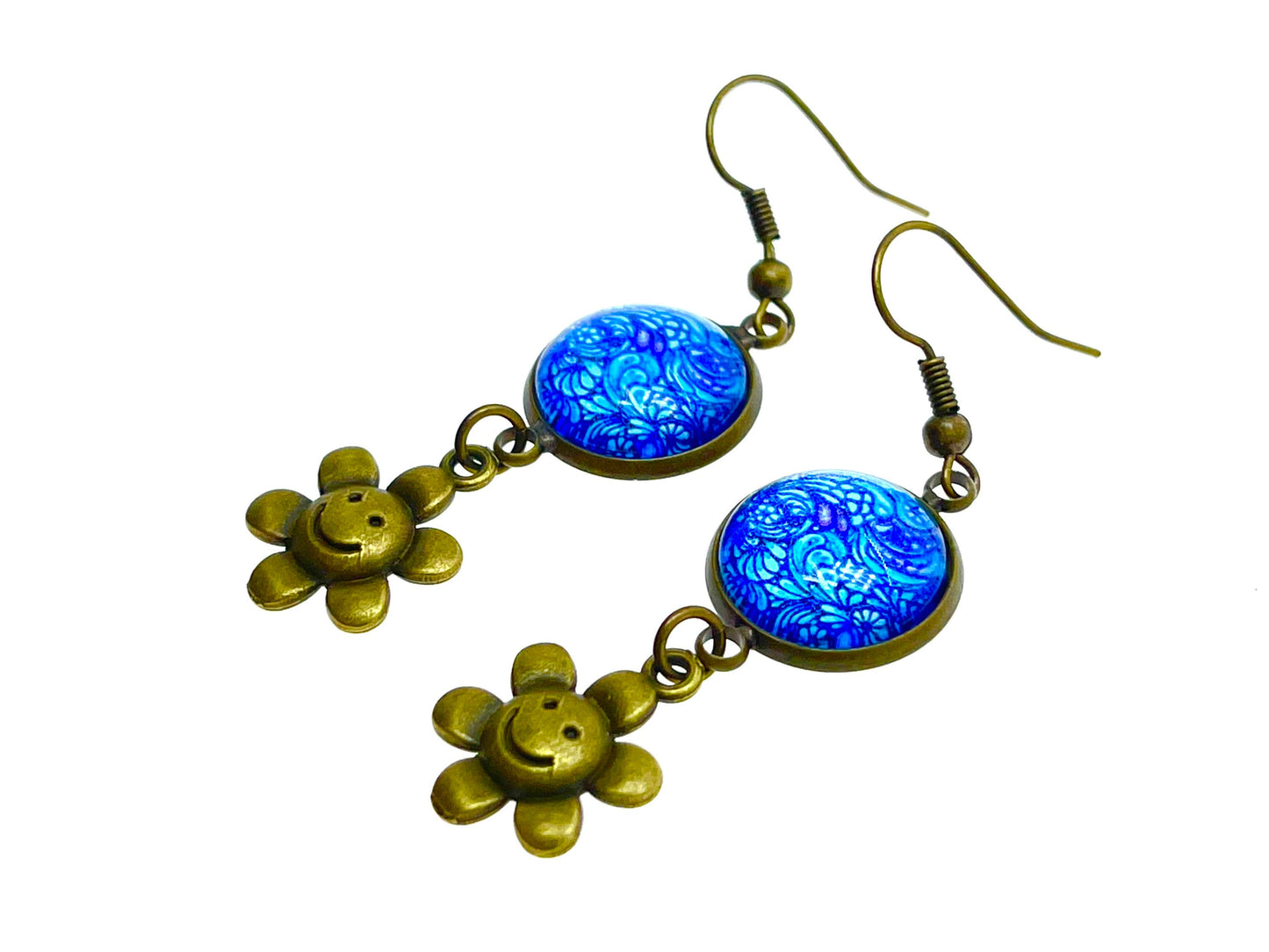 Happy Face Dangles, Boho Chic Earrings, Cute Bohemian Earrings, Unique Hippie Jewelry, Retro Flower Accessory, BohoLoveObsession