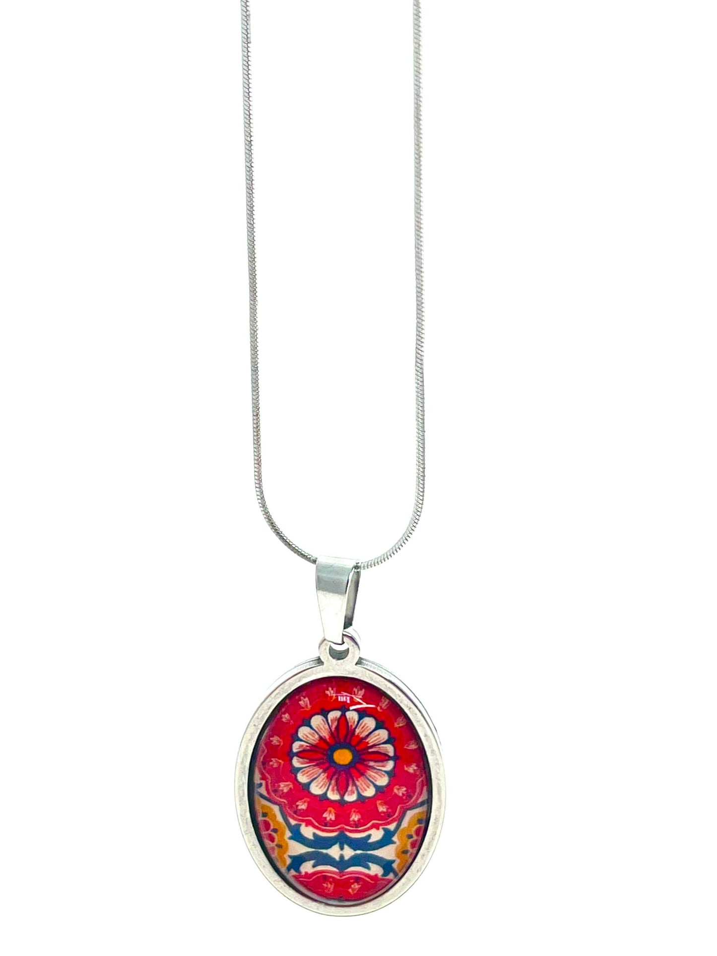 Red Wildflower Oval Necklace, Boho Vintage Pendant, Unique Bohemian Necklace, Gift for her, Hippie Retro Chain, BohoLoveObsession