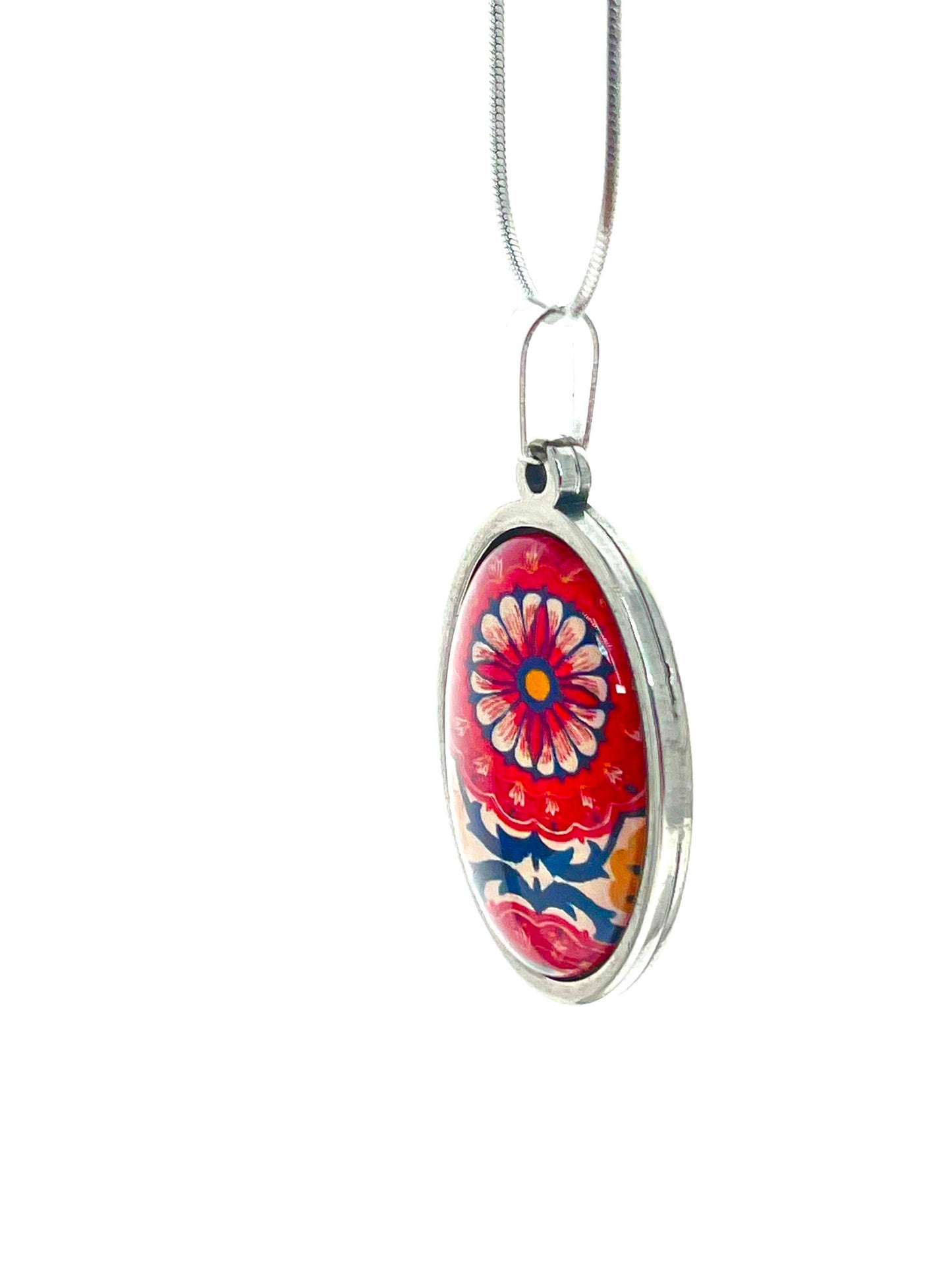 Red Wildflower Oval Necklace, Boho Vintage Pendant, Unique Bohemian Necklace, Gift for her, Hippie Retro Chain, BohoLoveObsession