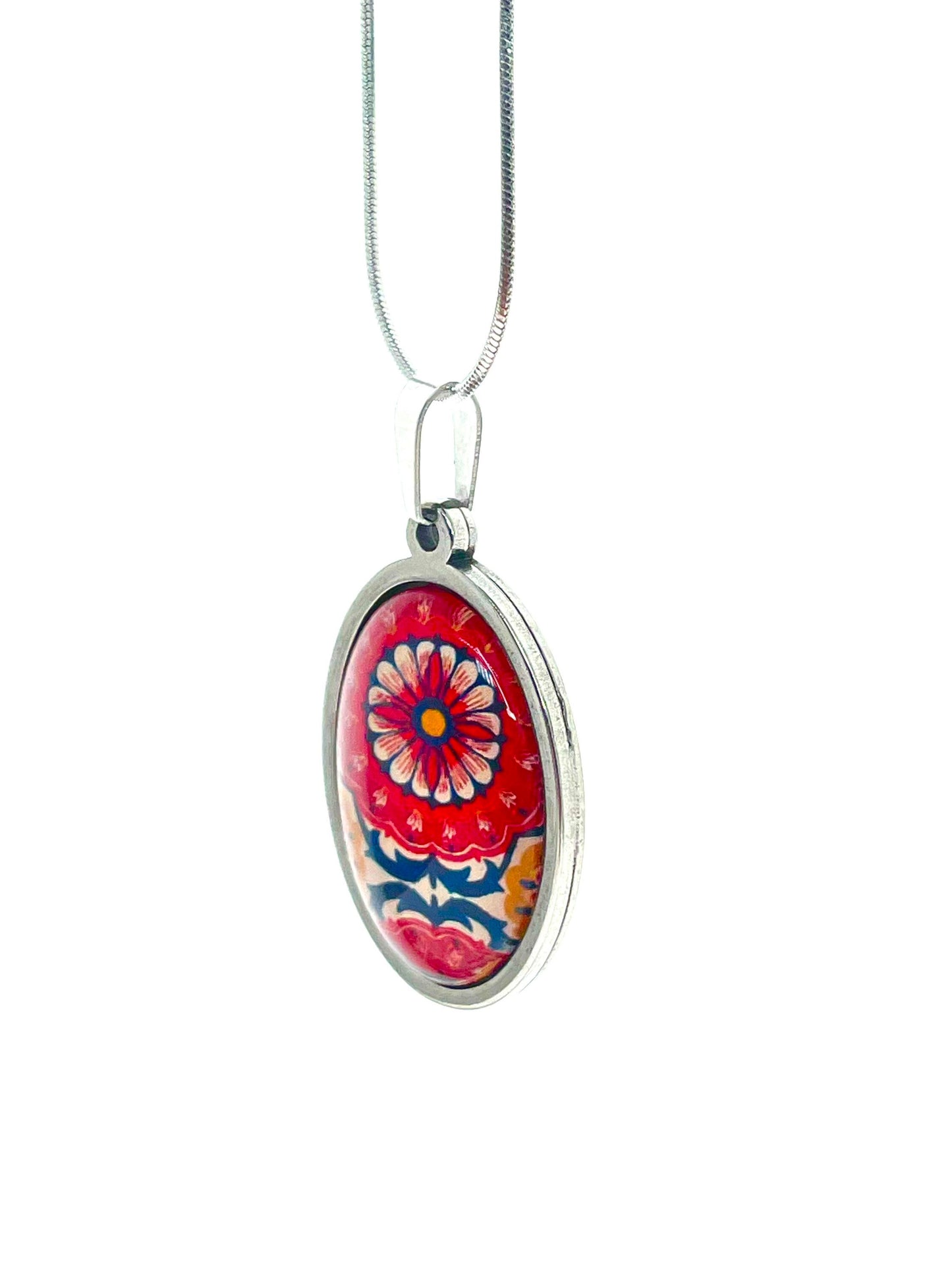 Red Wildflower Oval Necklace, Boho Vintage Pendant, Unique Bohemian Necklace, Gift for her, Hippie Retro Chain, BohoLoveObsession