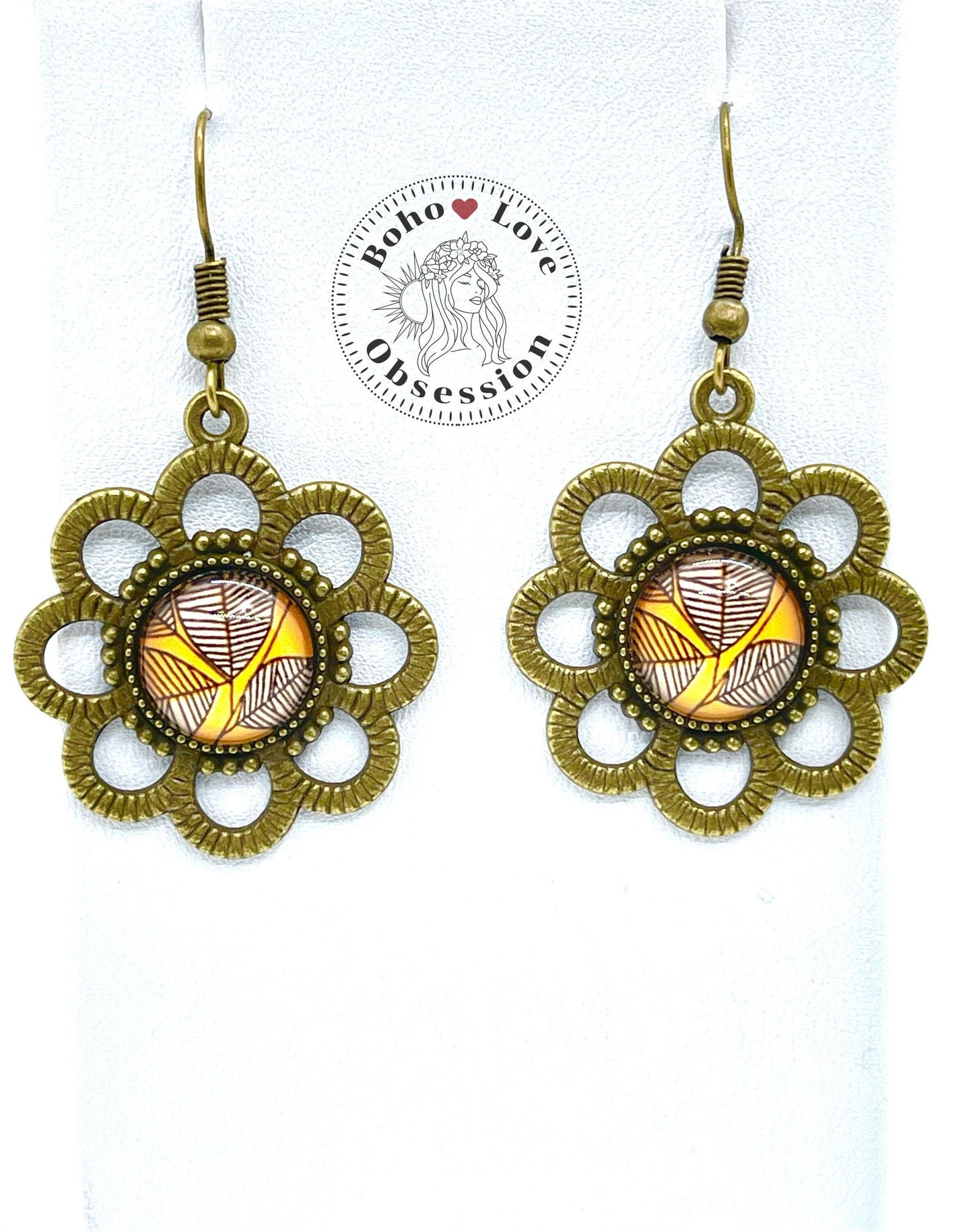 Leafy Mustard Daisy Dangles|Bronze Flower with Yellow Center Earrings|Gifts for her Mom Sister Wife Aunt| BohoLoveObsession