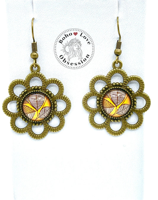Leafy Mustard Daisy Dangles|Bronze Flower with Yellow Center Earrings|Gifts for her Mom Sister Wife Aunt| BohoLoveObsession