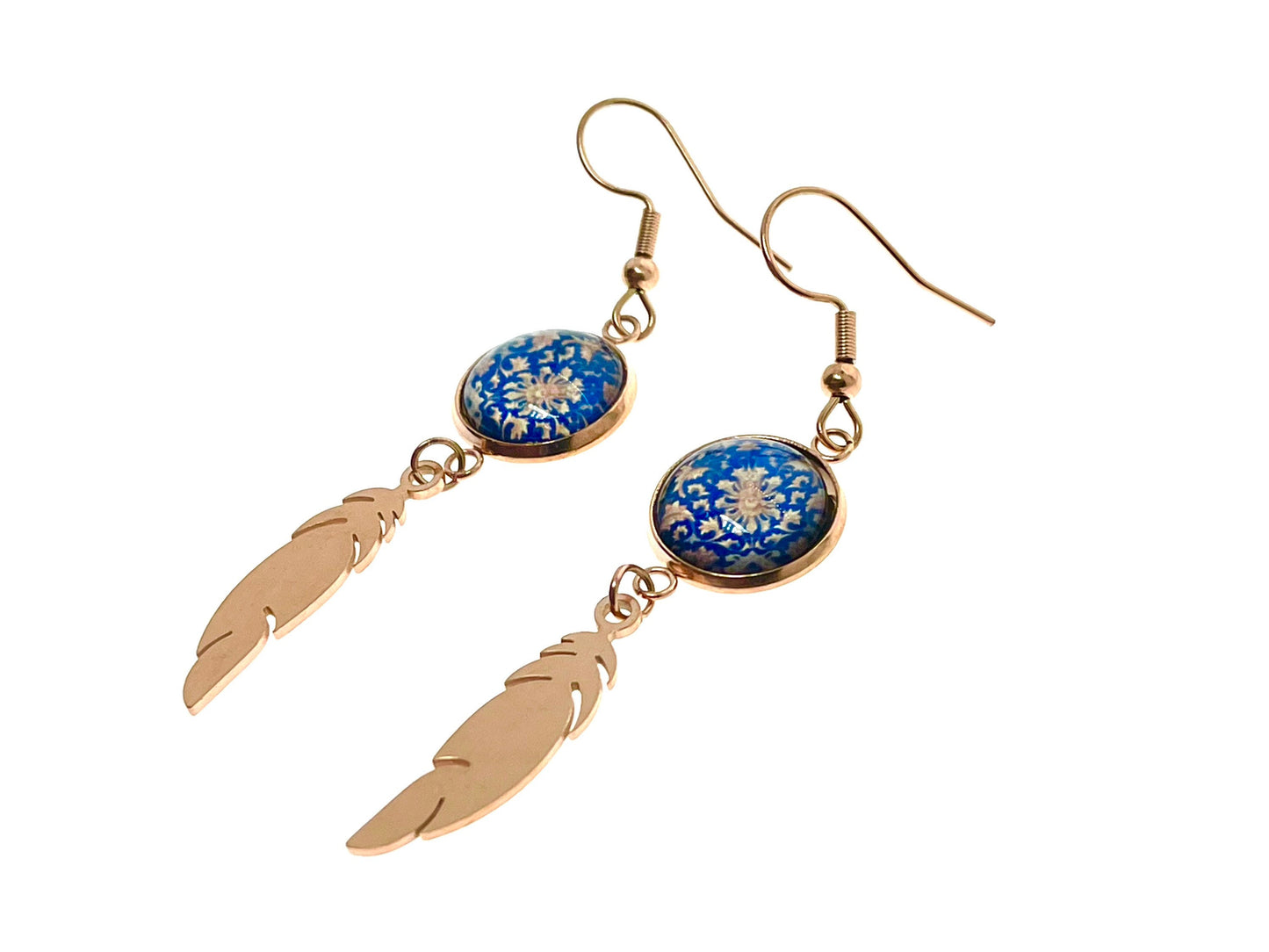 Blue Buttercup Feather Earrings, Rose Gold Drop Dangle Accessory, Small Photo Glass Earrings, Womens Ear Wire Jewelry, Boho Love Obsession