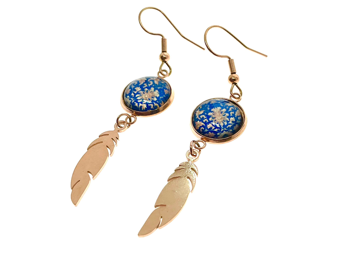 Blue Buttercup Feather Earrings, Rose Gold Drop Dangle Accessory, Small Photo Glass Earrings, Womens Ear Wire Jewelry, Boho Love Obsession