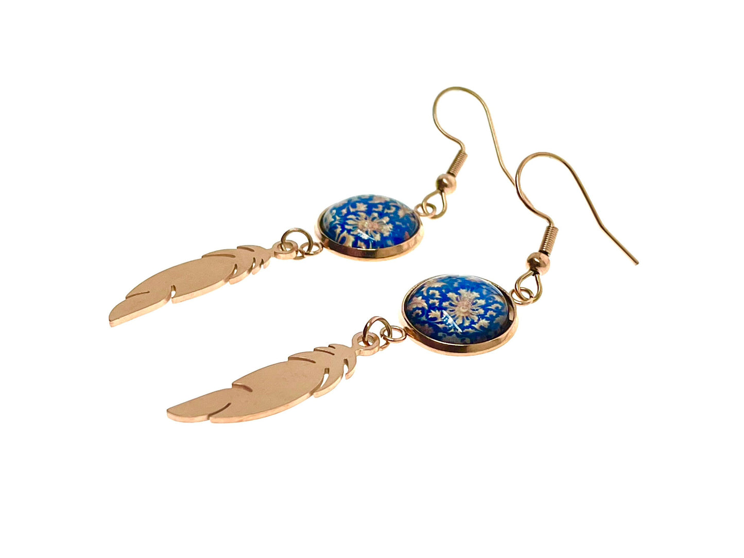 Blue Buttercup Feather Earrings, Rose Gold Drop Dangle Accessory, Small Photo Glass Earrings, Womens Ear Wire Jewelry, Boho Love Obsession