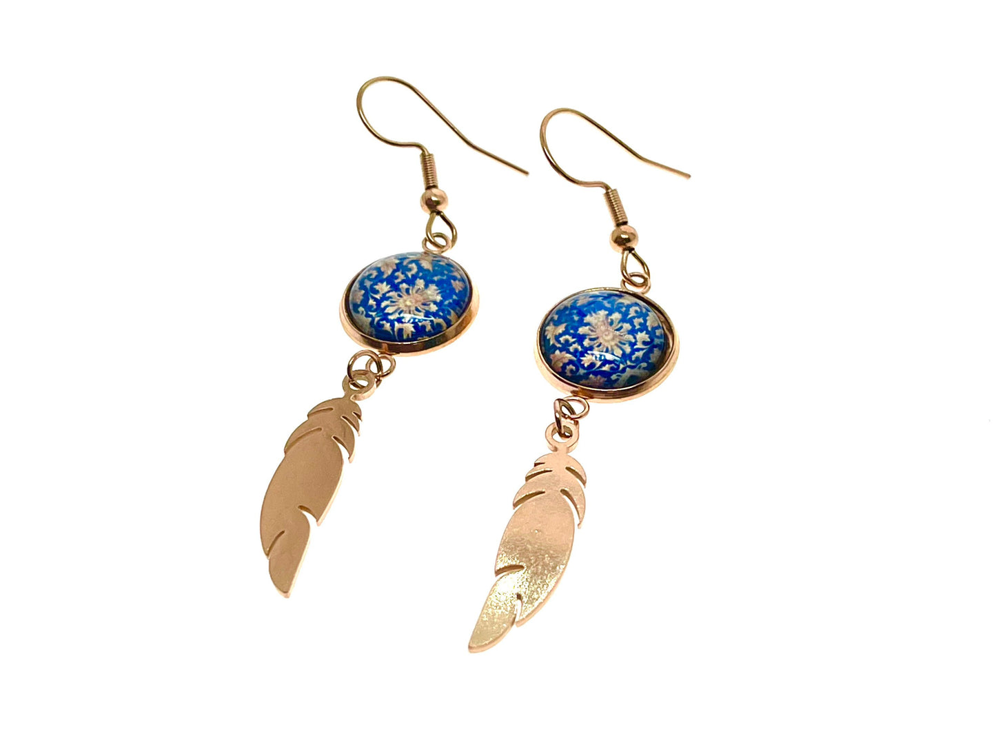 Blue Buttercup Feather Earrings, Rose Gold Drop Dangle Accessory, Small Photo Glass Earrings, Womens Ear Wire Jewelry, Boho Love Obsession