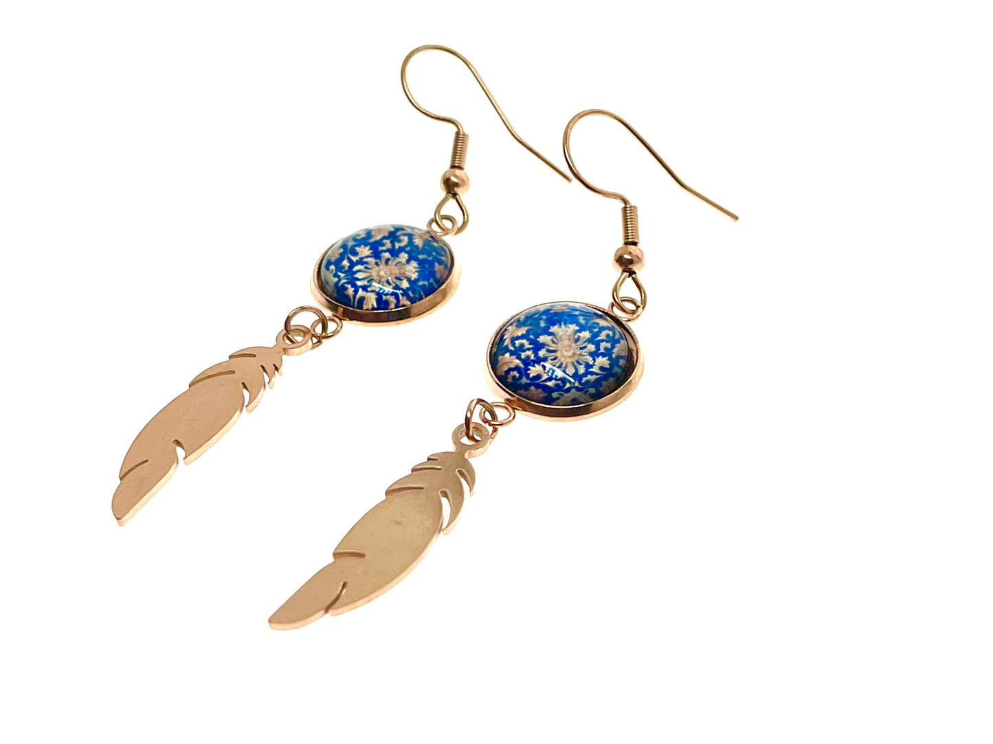 Blue Buttercup Feather Earrings, Rose Gold Drop Dangle Accessory, Small Photo Glass Earrings, Womens Ear Wire Jewelry, Boho Love Obsession