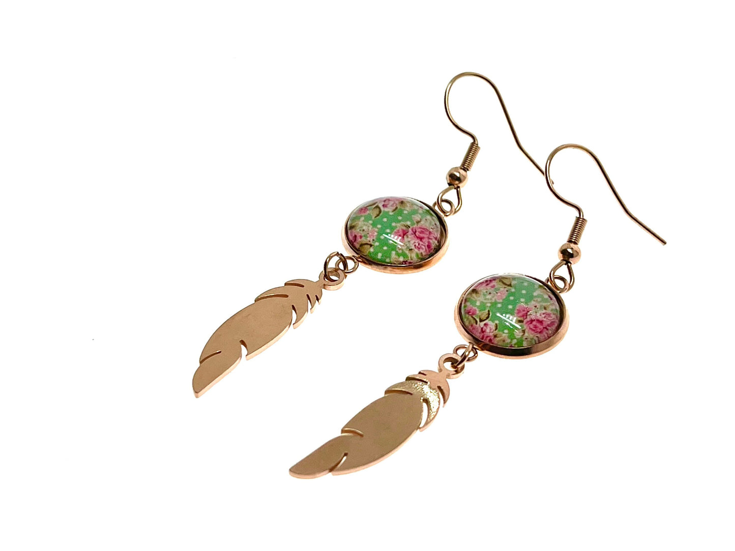 Minty Feather Earrings, Rose Gold Womens Jewelry, Bohemian Ear Charm, Drop Dangle Accessory, Retro Gypsy Ear Wire, Boho Love Obsession