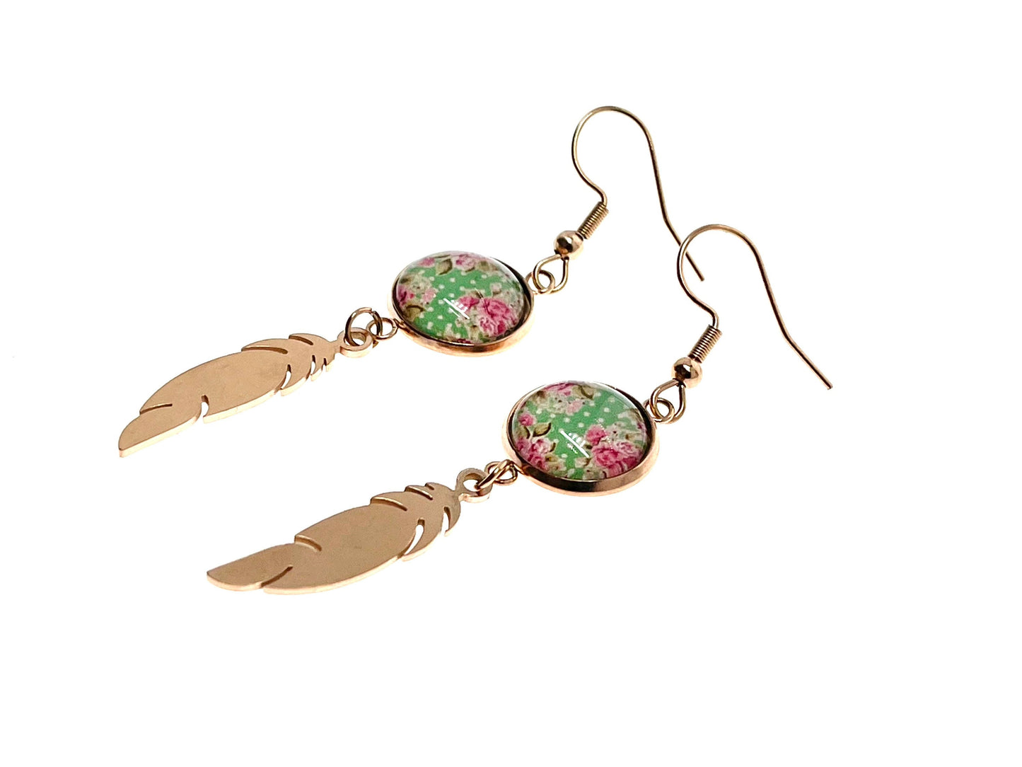 Minty Feather Earrings, Rose Gold Womens Jewelry, Bohemian Ear Charm, Drop Dangle Accessory, Retro Gypsy Ear Wire, Boho Love Obsession