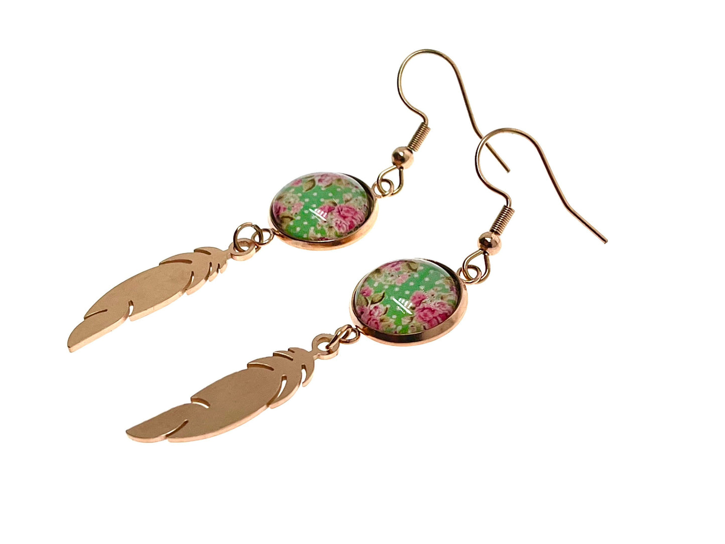Minty Feather Earrings, Rose Gold Womens Jewelry, Bohemian Ear Charm, Drop Dangle Accessory, Retro Gypsy Ear Wire, Boho Love Obsession
