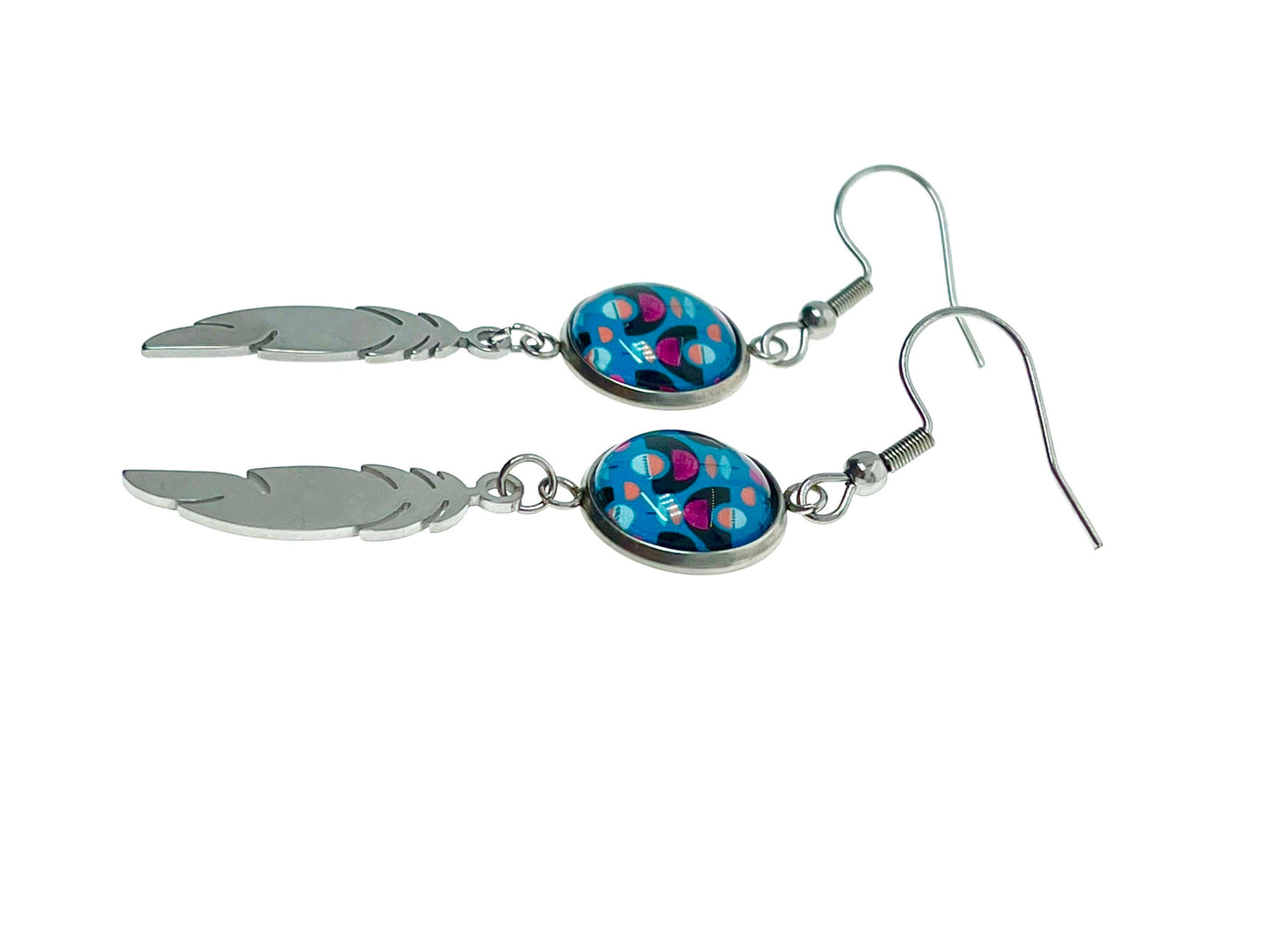 Blue Moon Child Feather Earrings, Bohemian Drop Dangle Accessory, Small Photo Glass Cabochon Charm, Womens Jewelry, Boho Love Obsession