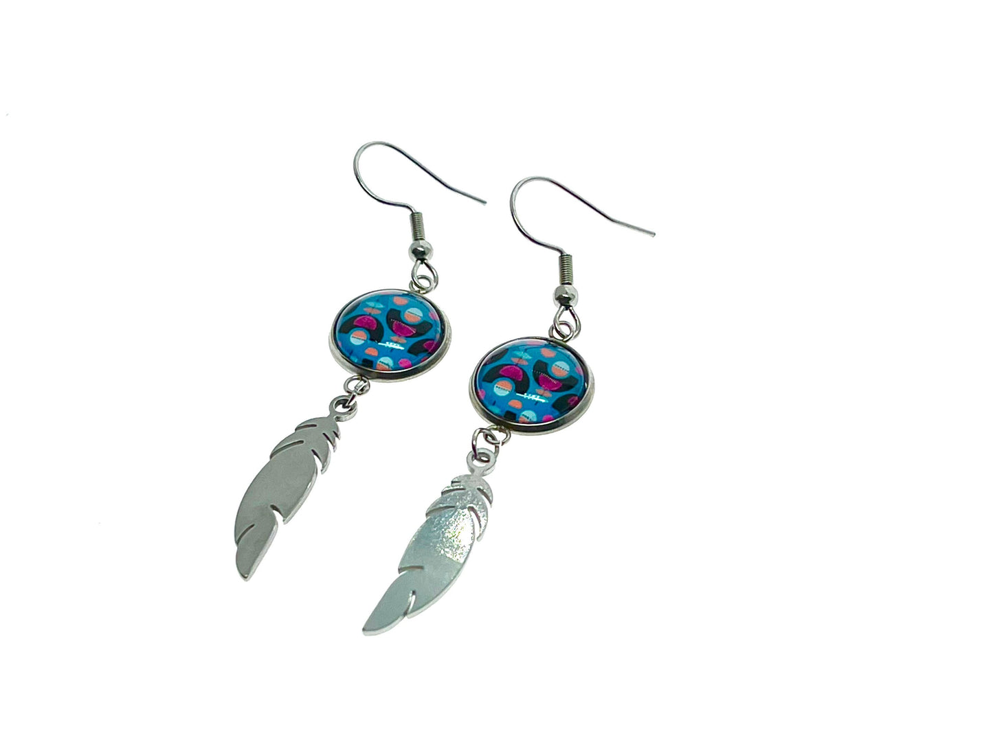 Blue Moon Child Feather Earrings, Bohemian Drop Dangle Accessory, Small Photo Glass Cabochon Charm, Womens Jewelry, Boho Love Obsession