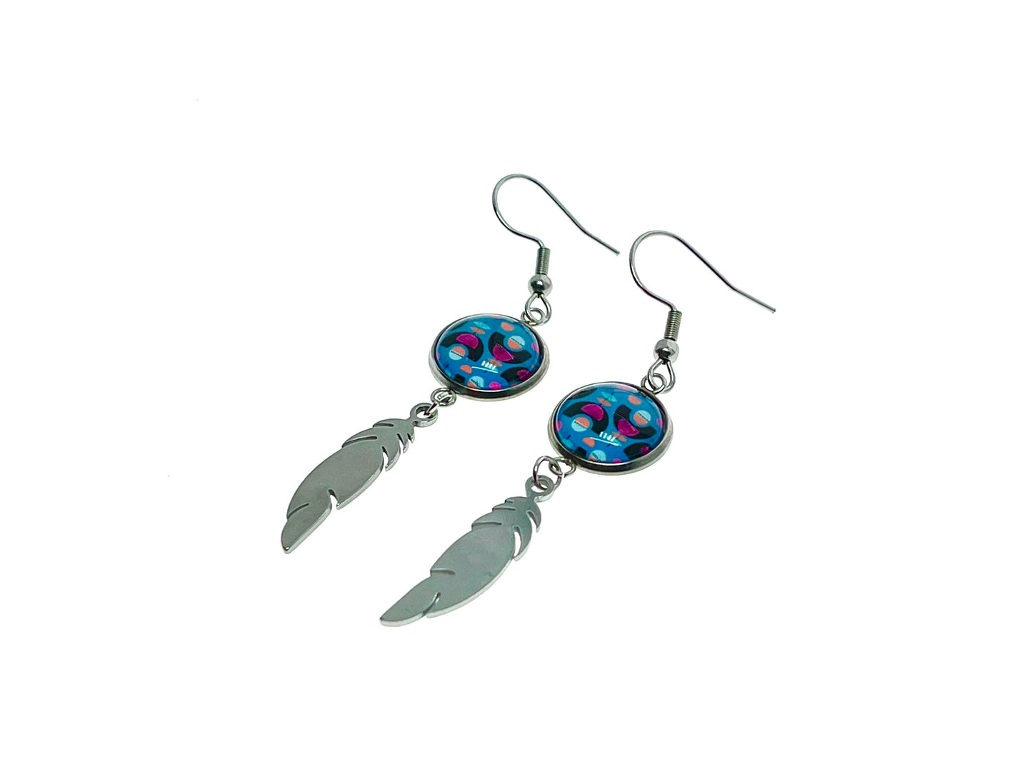 Blue Moon Child Feather Earrings, Bohemian Drop Dangle Accessory, Small Photo Glass Cabochon Charm, Womens Jewelry, Boho Love Obsession