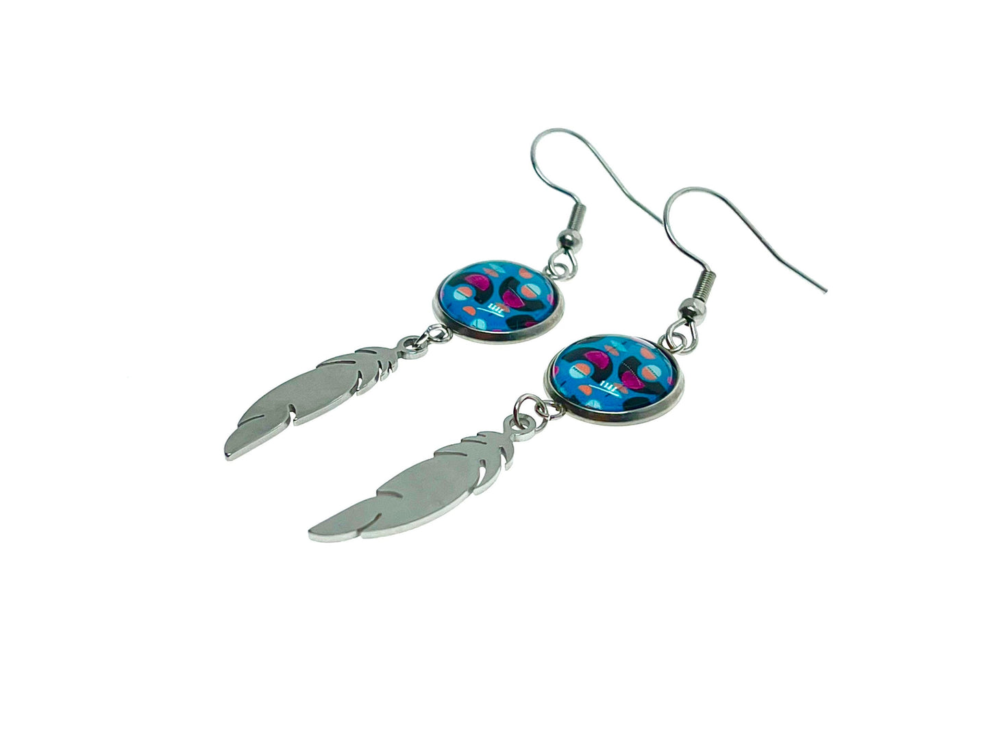 Blue Moon Child Feather Earrings, Bohemian Drop Dangle Accessory, Small Photo Glass Cabochon Charm, Womens Jewelry, Boho Love Obsession