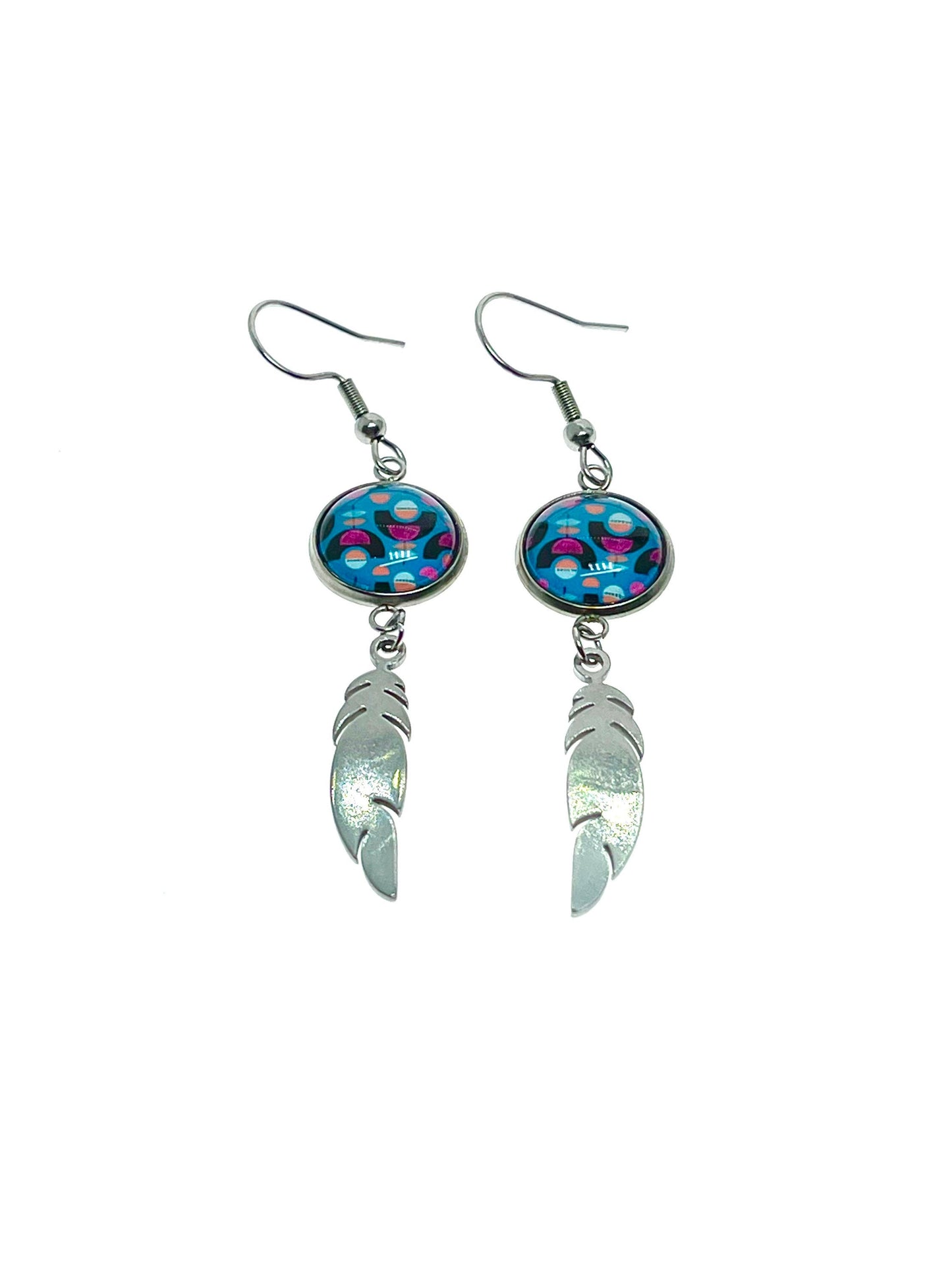 Blue Moon Child Feather Earrings, Bohemian Drop Dangle Accessory, Small Photo Glass Cabochon Charm, Womens Jewelry, Boho Love Obsession