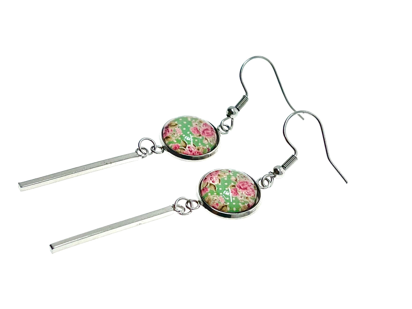 Minty Long Bar Earrings, Bohemian Womens Ear Charm, Boho Vintage Jewelry, Retro Polka Dot Accessory, Antique Ear Wire, BohoLoveObsession