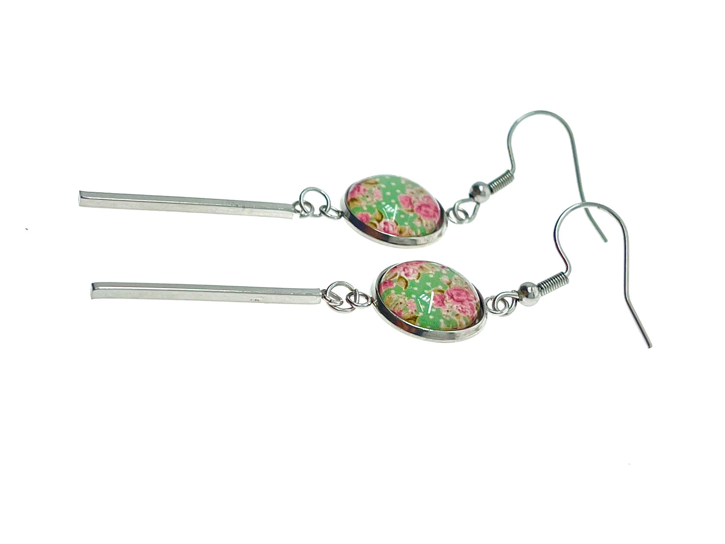 Minty Long Bar Earrings, Bohemian Womens Ear Charm, Boho Vintage Jewelry, Retro Polka Dot Accessory, Antique Ear Wire, BohoLoveObsession