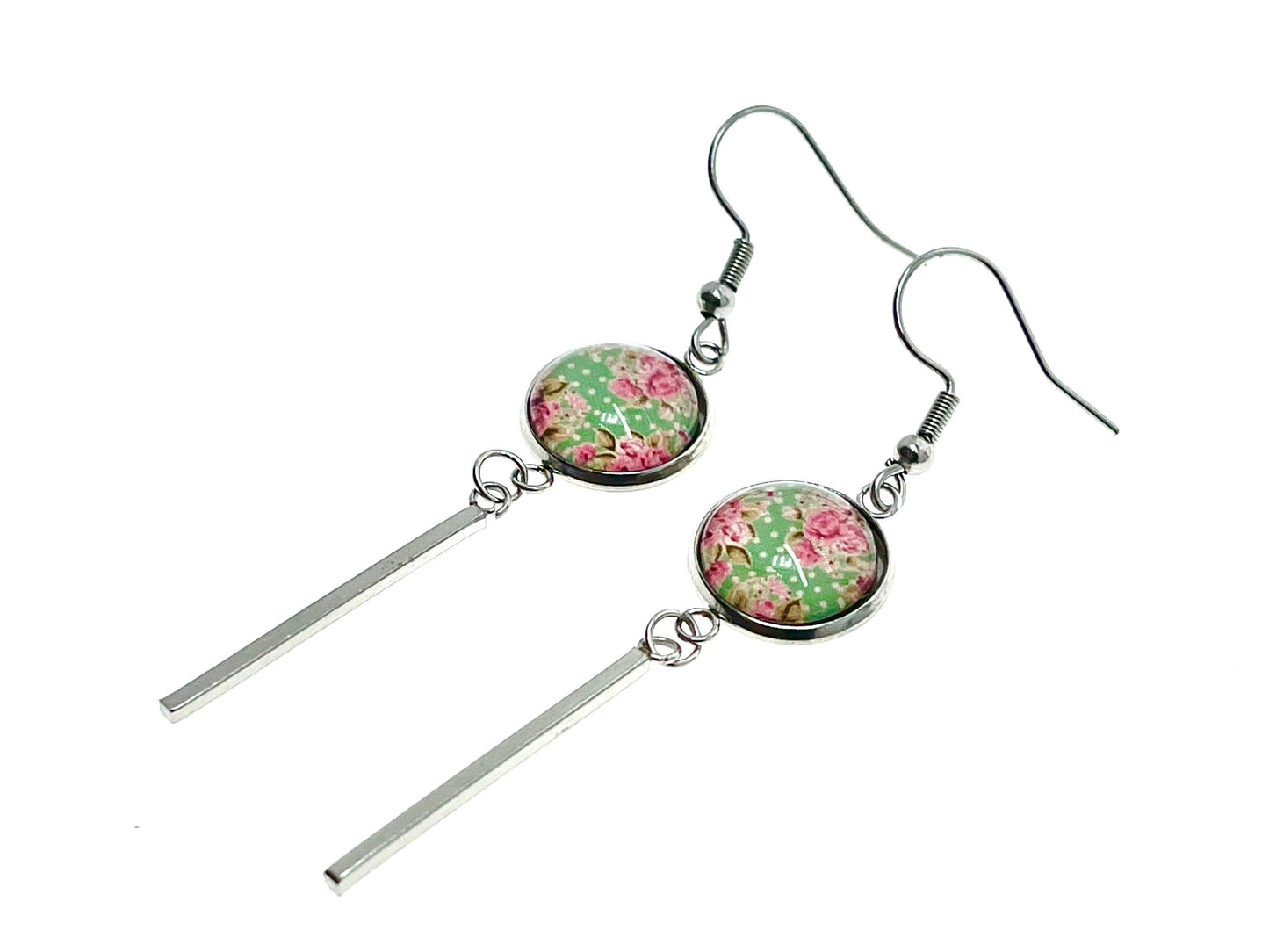 Minty Long Bar Earrings, Bohemian Womens Ear Charm, Boho Vintage Jewelry, Retro Polka Dot Accessory, Antique Ear Wire, BohoLoveObsession