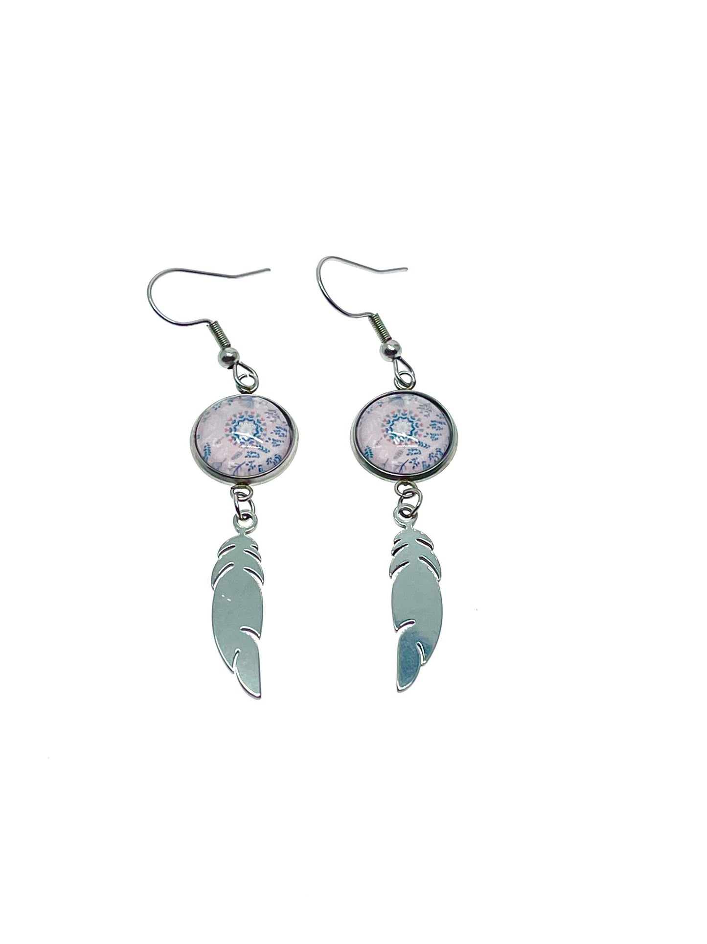 Pretty In Pink Feather Earrings, Mandala Stainless Steel Bohemian Accessory, Retro Gypsy Womens Small Jewelry, BohoLoveObsession