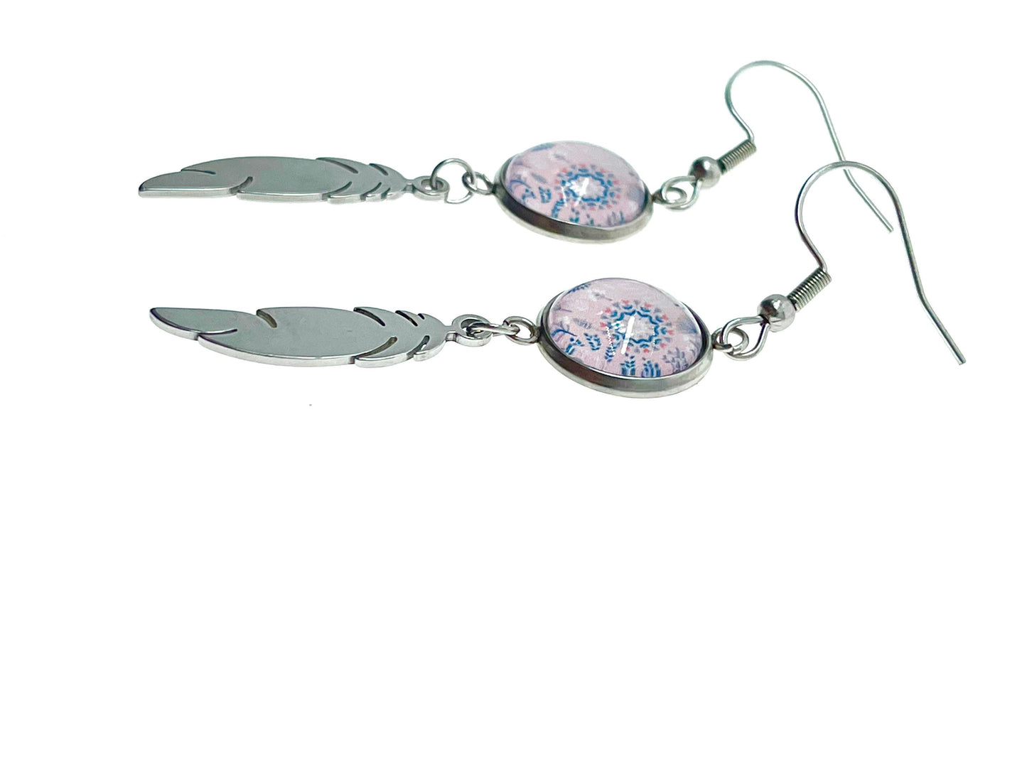 Pretty In Pink Feather Earrings, Mandala Stainless Steel Bohemian Accessory, Retro Gypsy Womens Small Jewelry, BohoLoveObsession