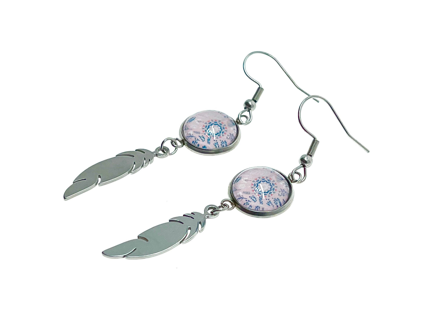 Pretty In Pink Feather Earrings, Mandala Stainless Steel Bohemian Accessory, Retro Gypsy Womens Small Jewelry, BohoLoveObsession