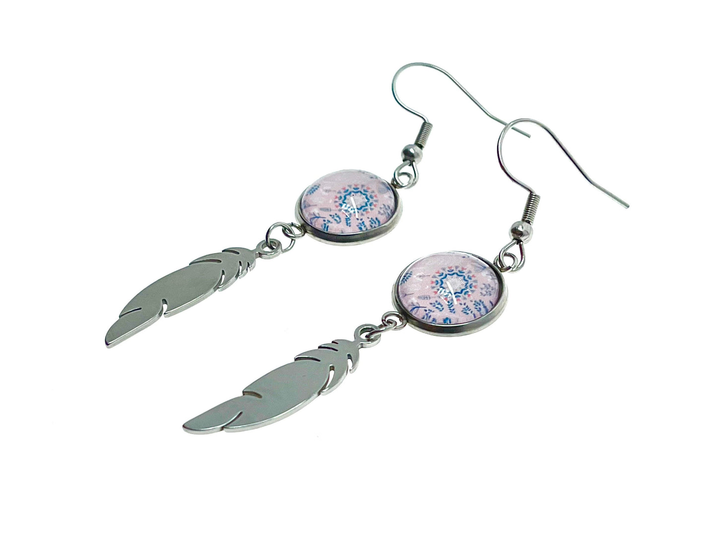 Pretty In Pink Feather Earrings, Mandala Stainless Steel Bohemian Accessory, Retro Gypsy Womens Small Jewelry, BohoLoveObsession