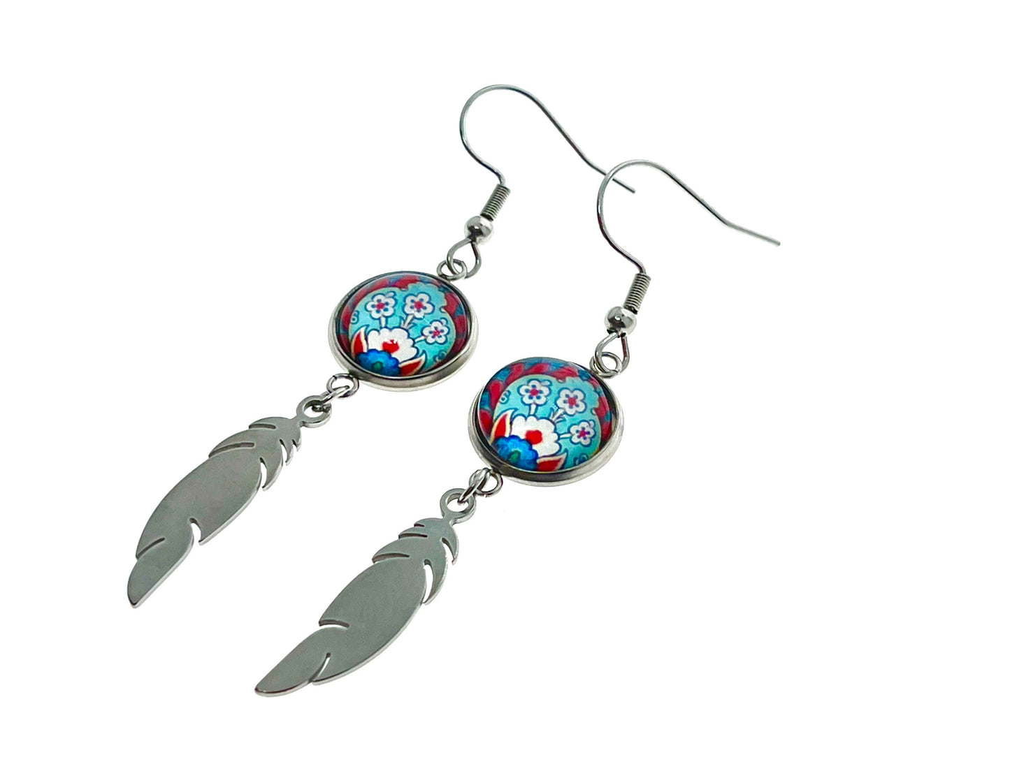 Frilly Flower Feather Earrings, Unique Bohemian Accessory, Small Womens Gypsy Jewelry, Boho Retro Ear Charm, Drop Dangle, BohoLoveObsession