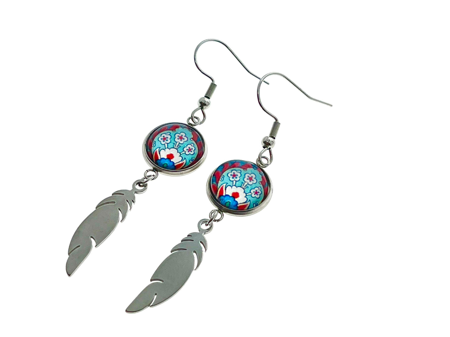 Frilly Flower Feather Earrings, Unique Bohemian Accessory, Small Womens Gypsy Jewelry, Boho Retro Ear Charm, Drop Dangle, BohoLoveObsession