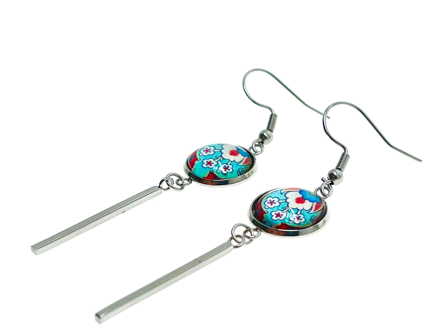Frilly Flower Long Bar Earrings, Small Cabochon Jewelry, Stainless Steel Ear Wire, Unique Bohemian Accessory, Retro Charm, BohoLoveObsession