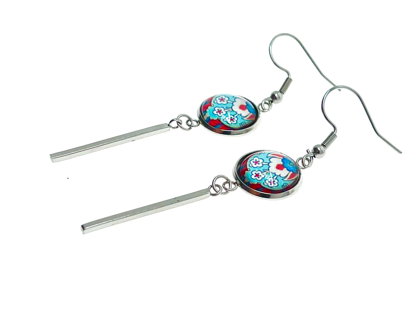 Frilly Flower Long Bar Earrings, Small Cabochon Jewelry, Stainless Steel Ear Wire, Unique Bohemian Accessory, Retro Charm, BohoLoveObsession