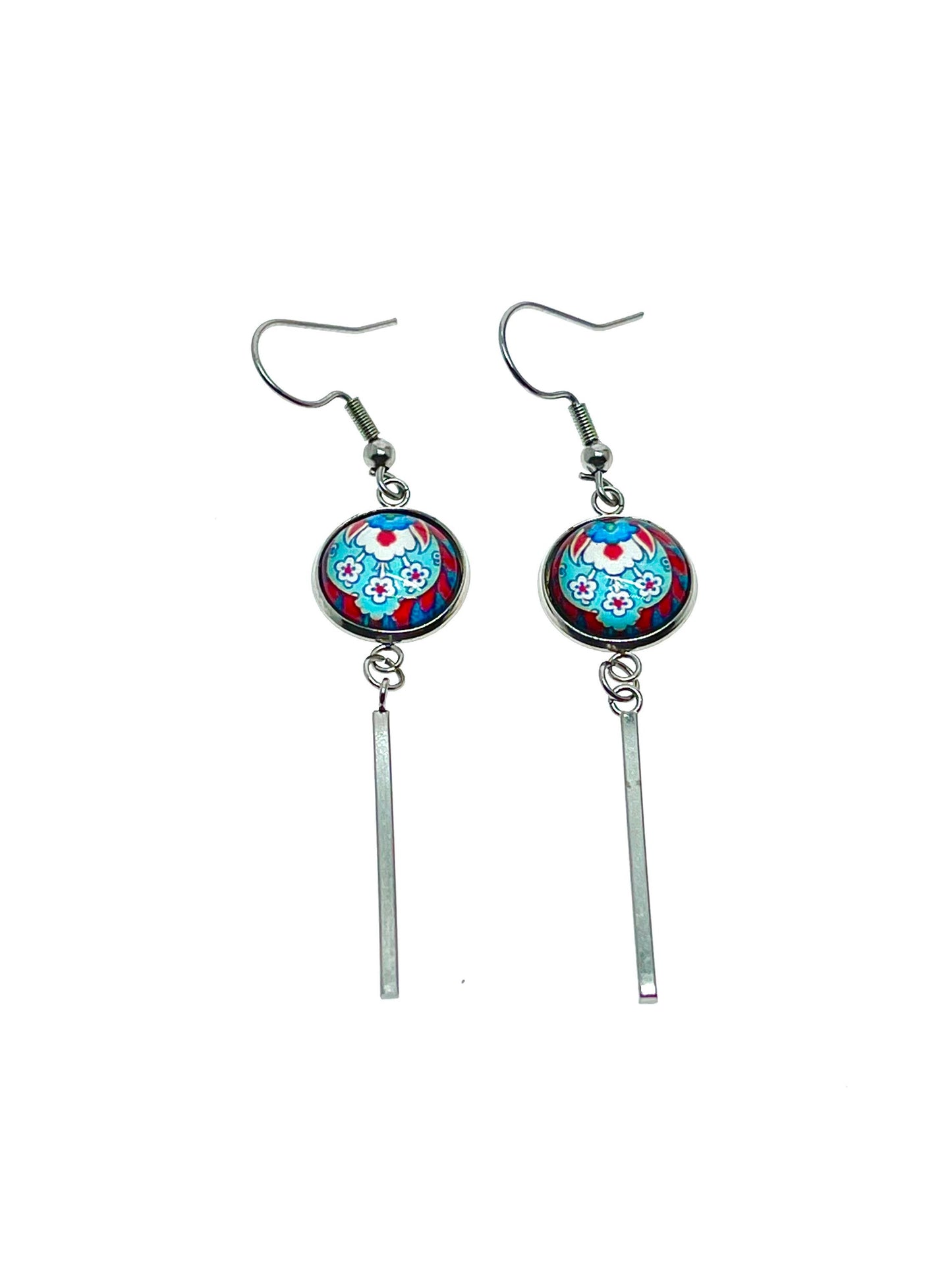 Frilly Flower Long Bar Earrings, Small Cabochon Jewelry, Stainless Steel Ear Wire, Unique Bohemian Accessory, Retro Charm, BohoLoveObsession
