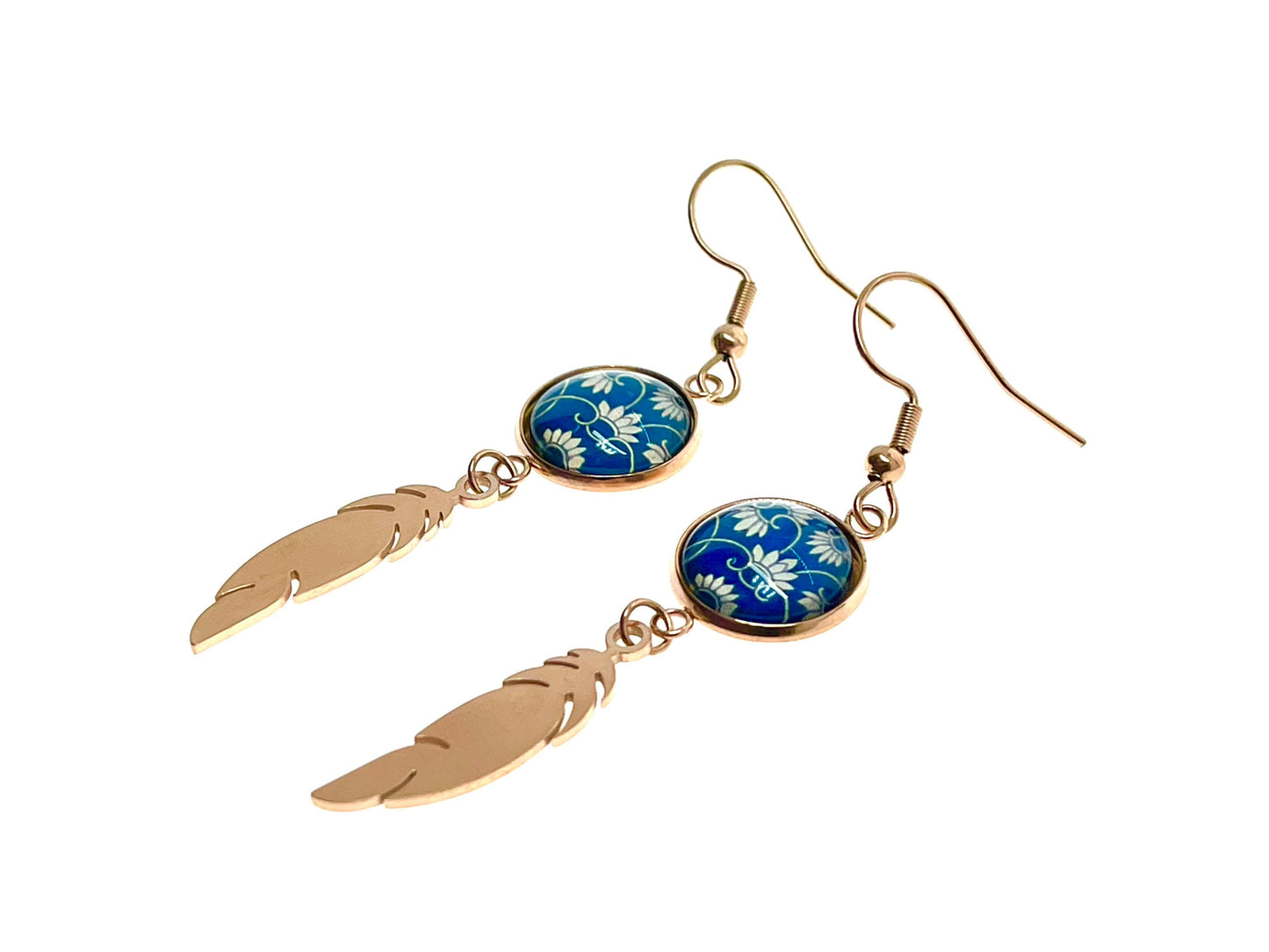 Blue Belle Feather Earrings, Rose Gold Drop Dangle Accessory, Small Photo Glass Cabochon Charm, Ear Wire for Woman, Boho Love Obsession