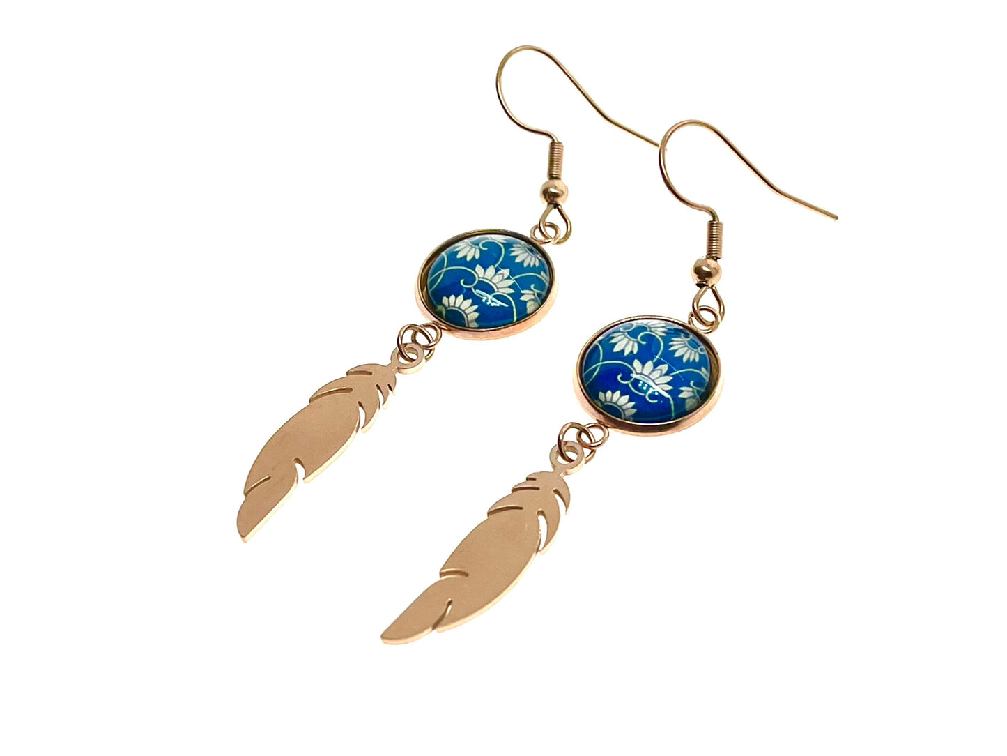 Blue Belle Feather Earrings, Rose Gold Drop Dangle Accessory, Small Photo Glass Cabochon Charm, Ear Wire for Woman, Boho Love Obsession