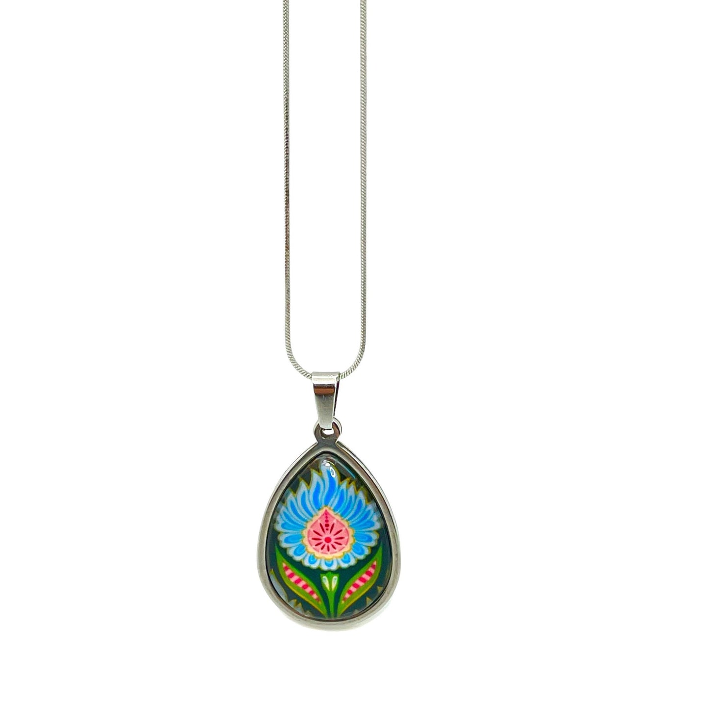 Blue Fuzzy Flower Teardrop Necklace, Boho Vintage Pendant, Unique Bohemian Necklace, Gift for her, Hippie Retro Chain, BohoLoveObsession