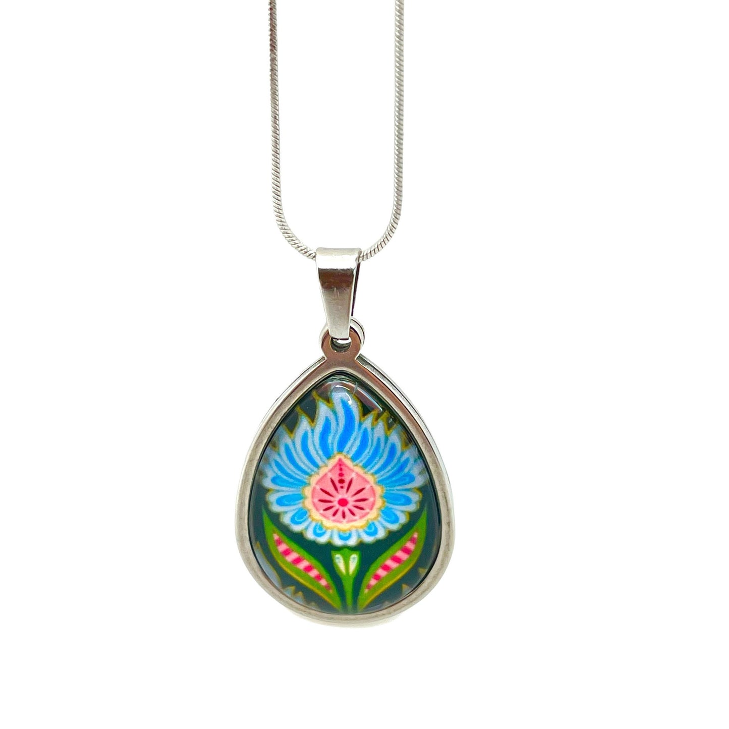 Blue Fuzzy Flower Teardrop Necklace, Boho Vintage Pendant, Unique Bohemian Necklace, Gift for her, Hippie Retro Chain, BohoLoveObsession