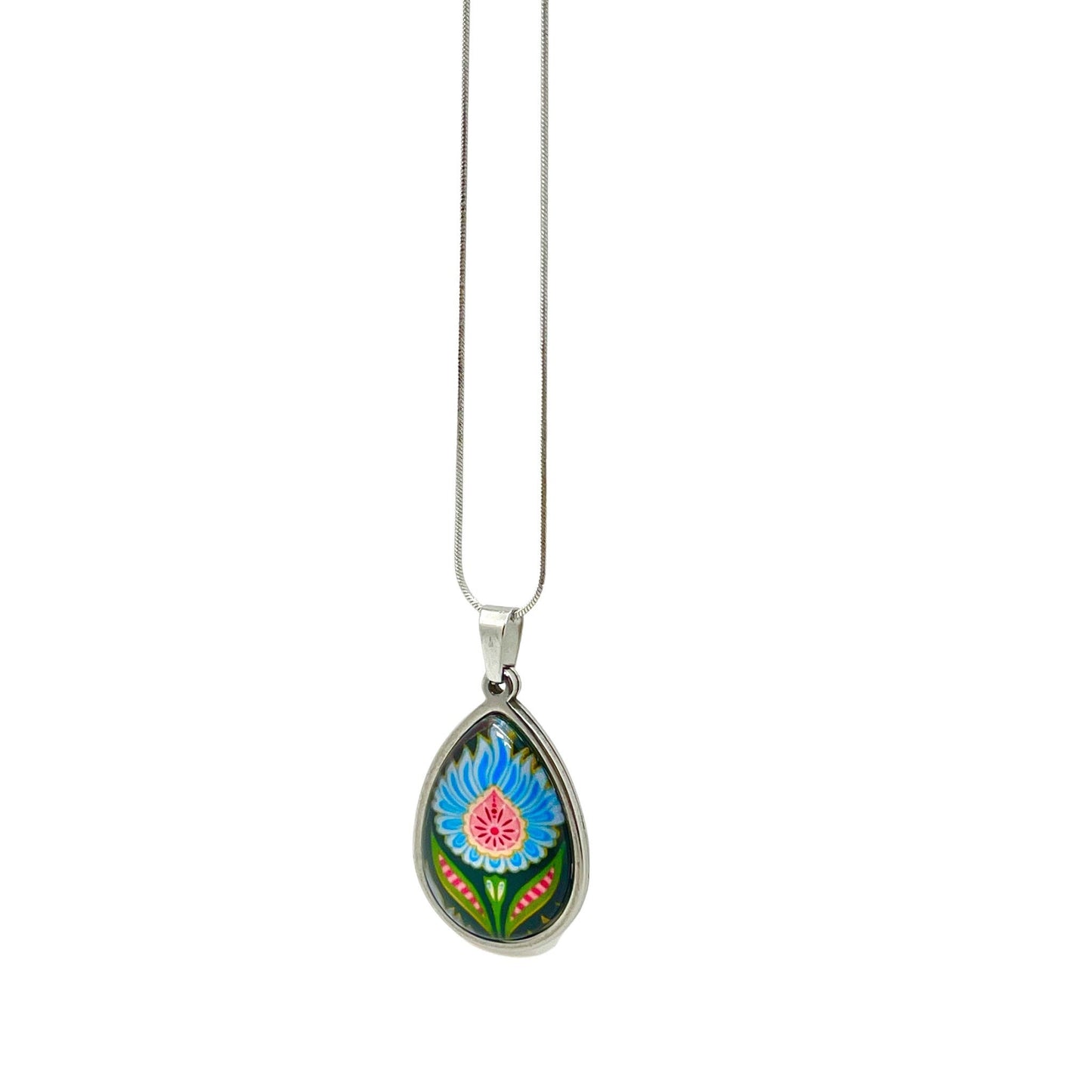 Blue Fuzzy Flower Teardrop Necklace, Boho Vintage Pendant, Unique Bohemian Necklace, Gift for her, Hippie Retro Chain, BohoLoveObsession